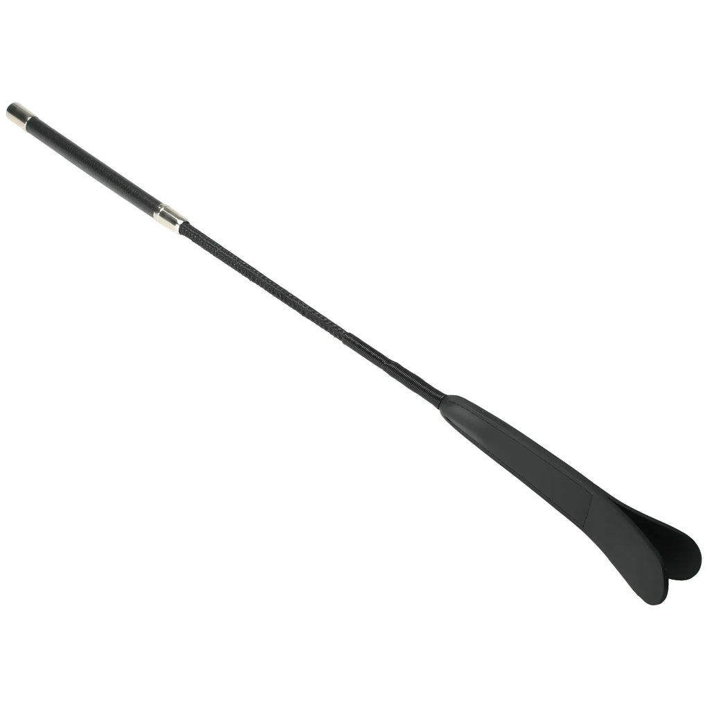 Black leather riding crop with textured grip and silver toned metal ferrule strict leather split crop product image