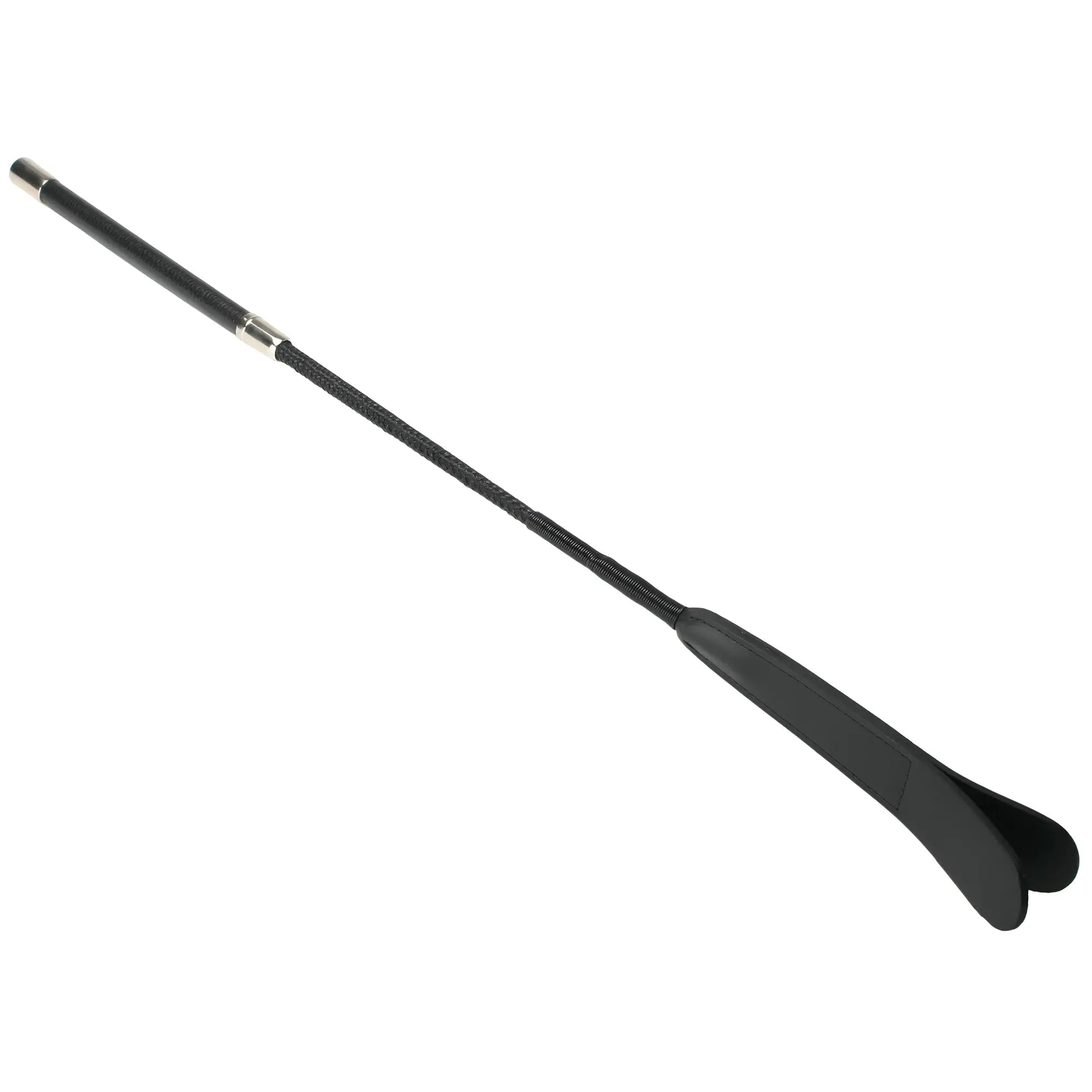 Black leather riding crop with textured grip and silver toned metal ferrule strict leather split crop product image