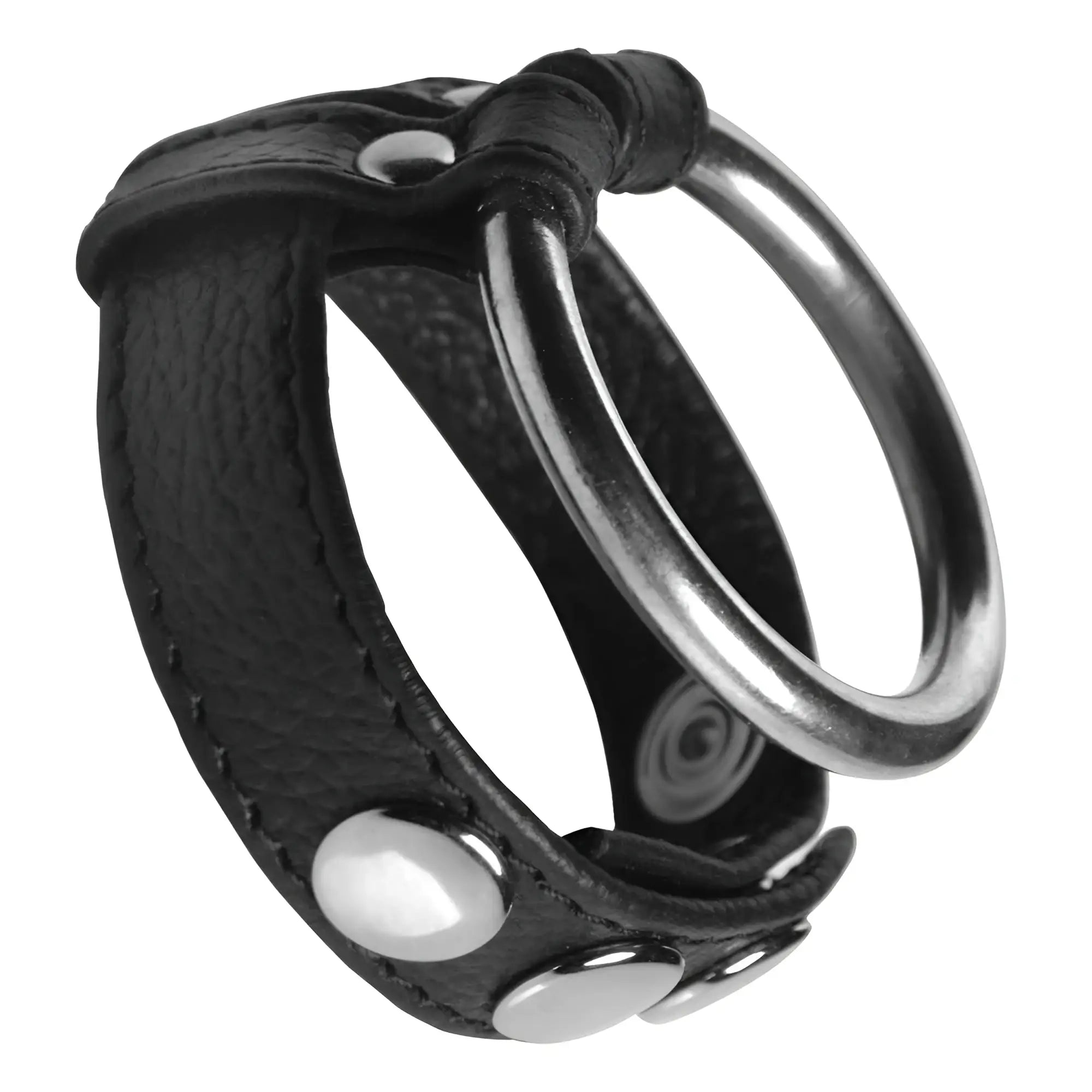 Black leather and steel cock ring with adjustable snaps.
