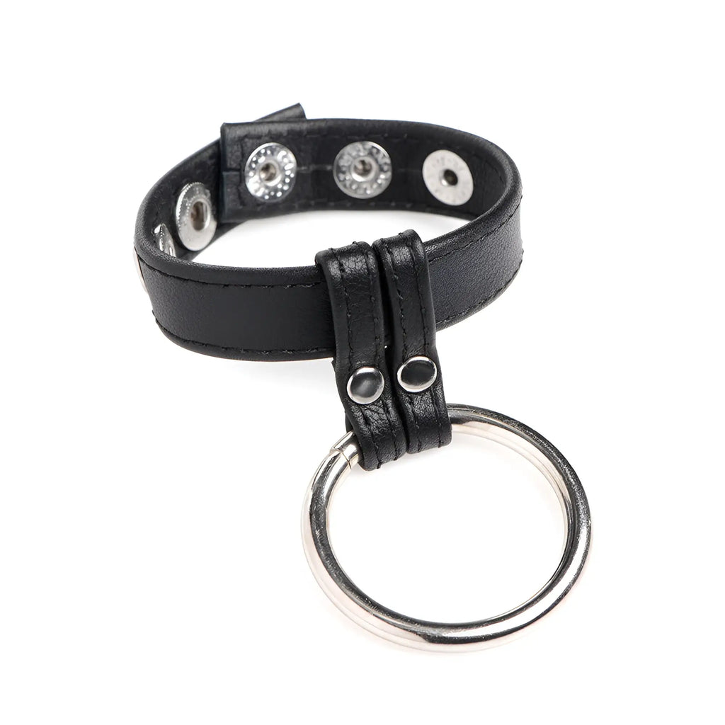 Black leather cuff with steel ring, featuring adjustable snaps and a suspended metal loop.