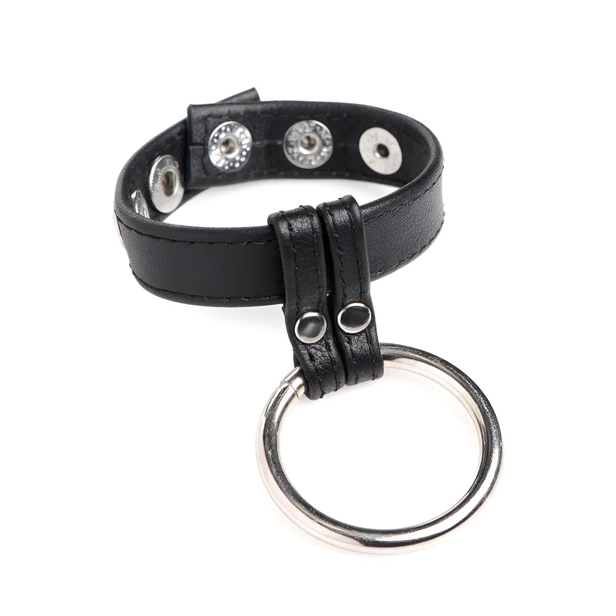Black leather cuff with steel ring, featuring adjustable snaps and a suspended metal loop.