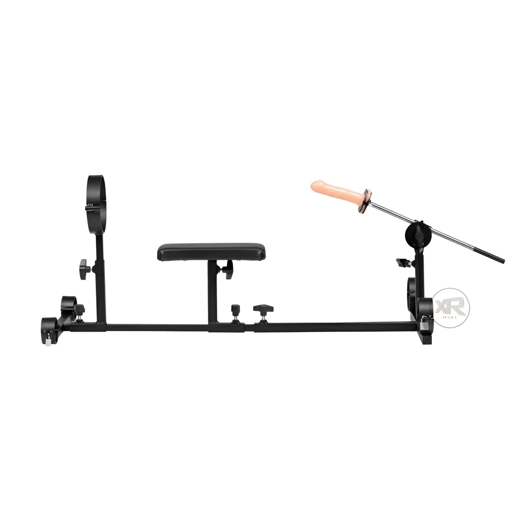 Strict Leather Stockade with chest pad, black metal frame, and an attached flesh-toned rod on a white background.