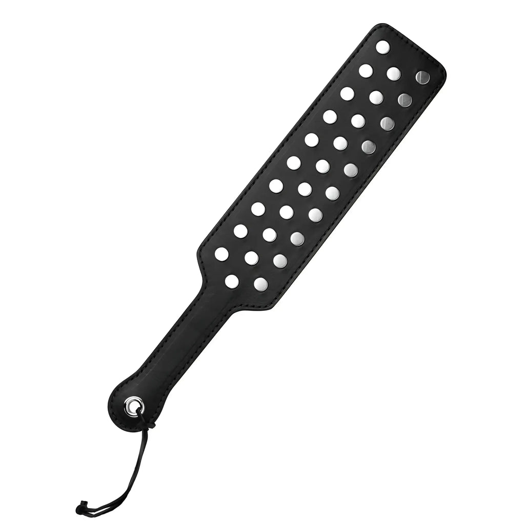 Strict Leather studded paddle in black leather with silver-tone metal studs and a hanging loop on the handle.
