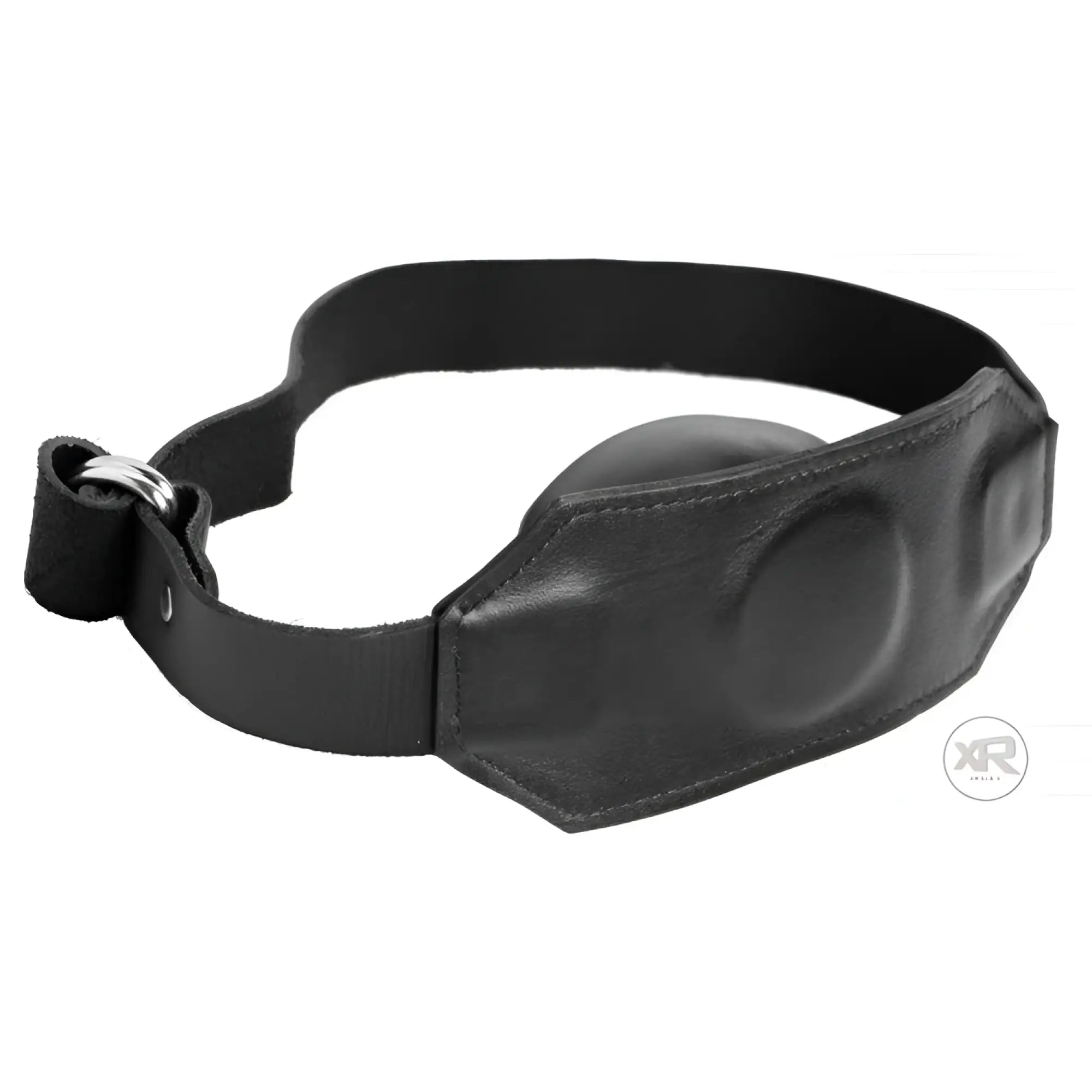 Strict Leather Stuffer mouth gag featuring a black leather head strap and a molded, rounded mouth-filling piece.