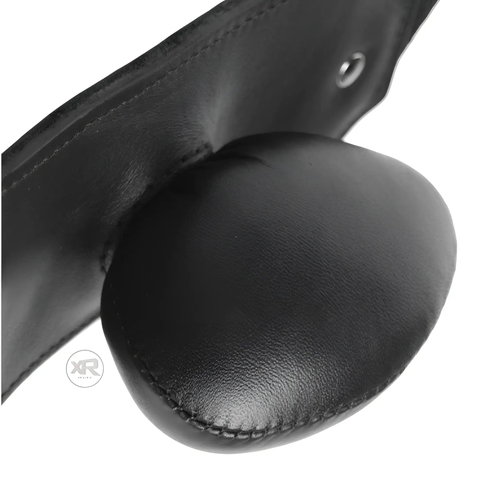 Strict Leather Stuffer Mouth Gag: black leather strap with a round, padded leather mouth insert.