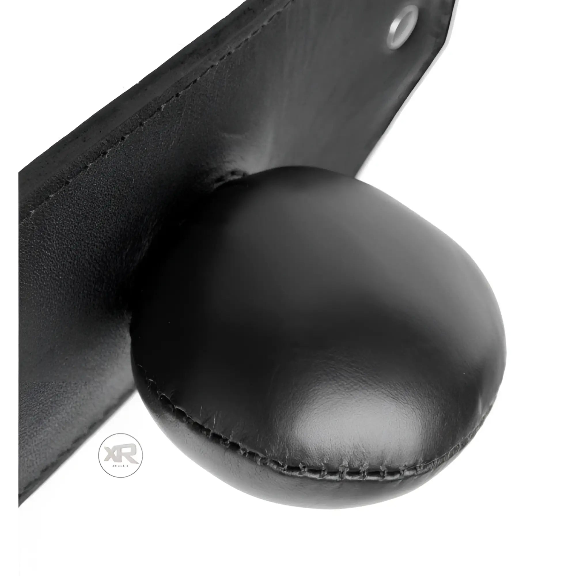 Strict Leather Stuffer mouth gag featuring a smooth black leather ball attached to a flat leather strap.