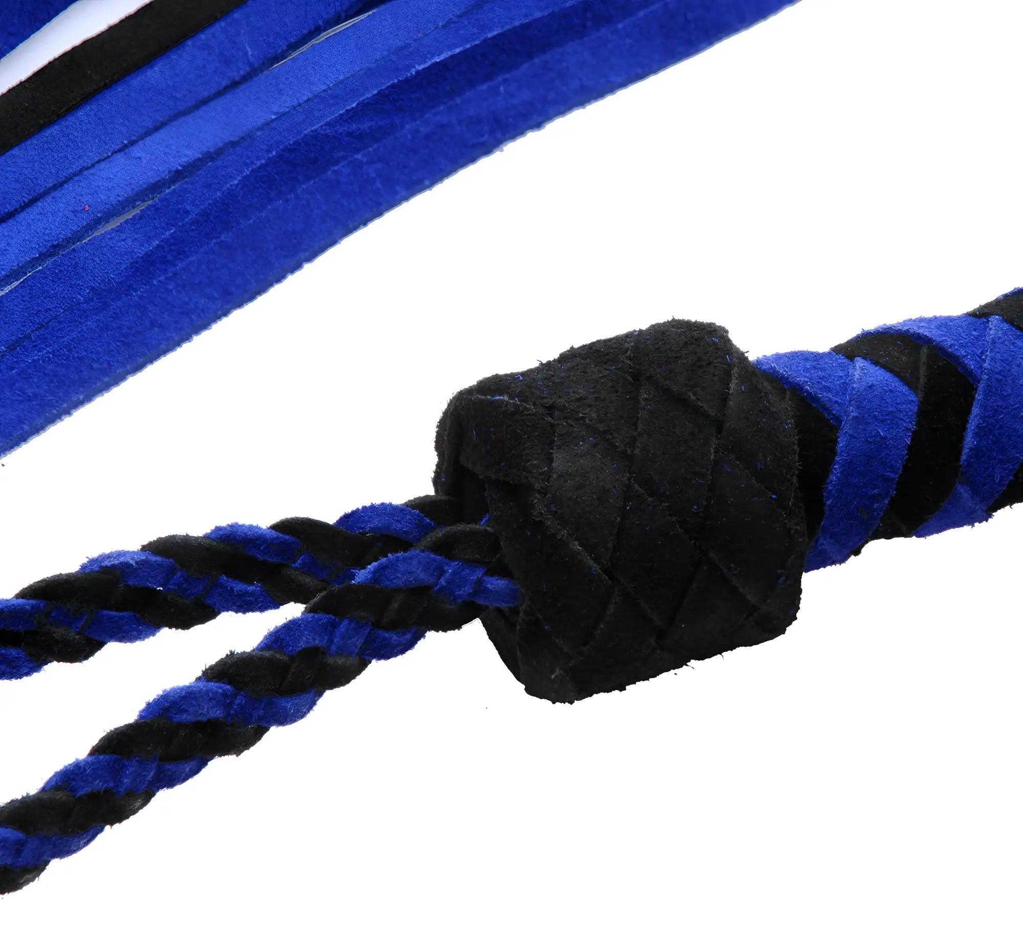 Strict Leather suede flogger with braided black and blue handle, decorative knot, and long suede tails.