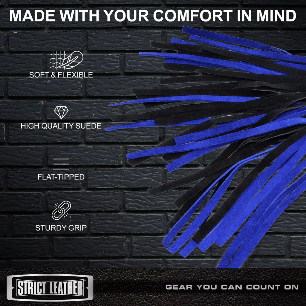 Strict Leather suede flogger with black and blue strips against a black brick background, featuring product benefit icons.