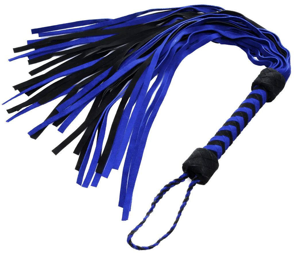 Strict Leather suede flogger with alternating black and blue leather strips, braided handle, and a wrist loop.