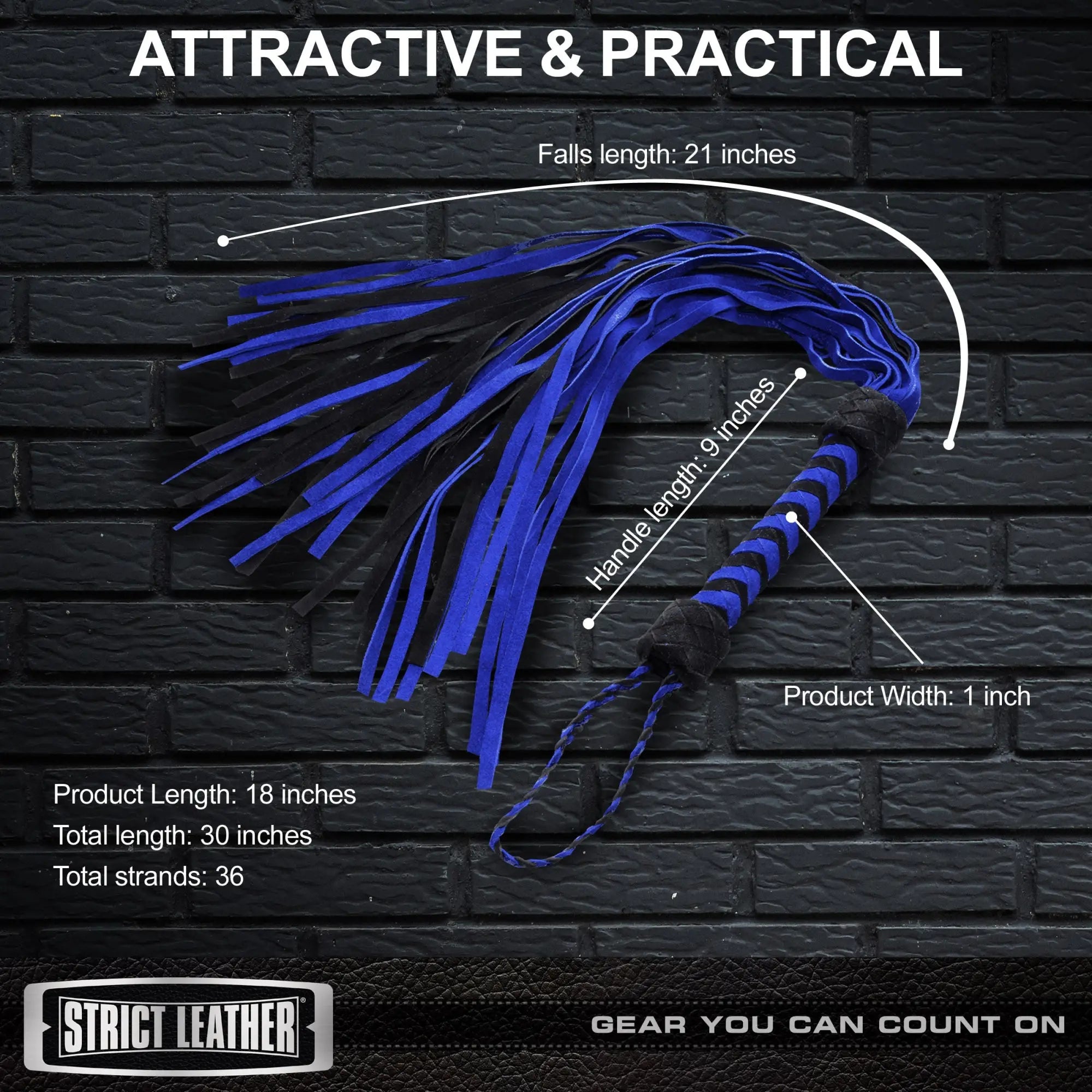 Strict Leather black and blue suede flogger with detailed measurement labels against a dark brick background.