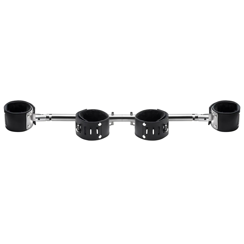 Strict Leather Swiveling Spreader Bar with four black, faux-fur lined leather cuffs on a horizontal metal rod.