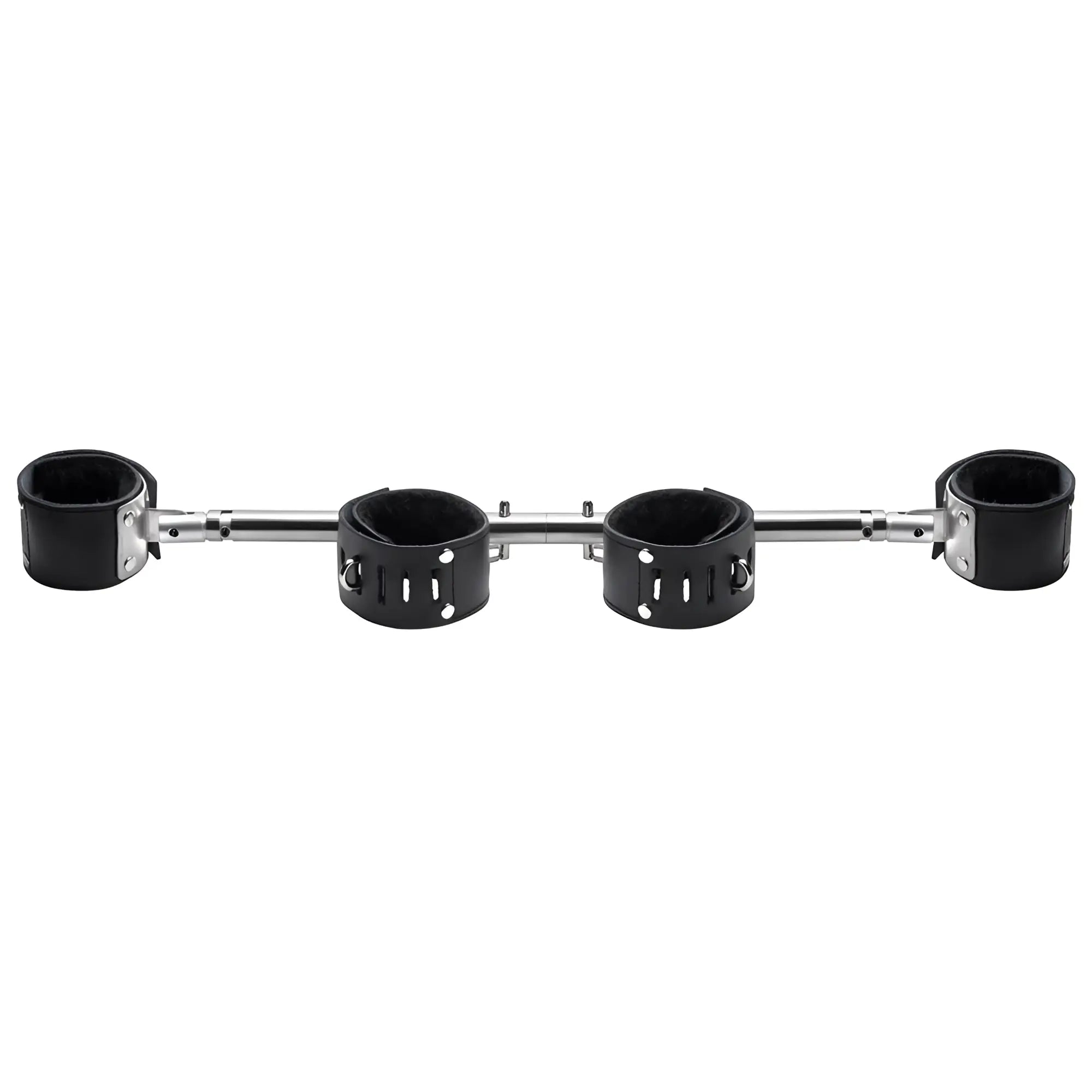 Strict Leather Swiveling Spreader Bar with four black, faux-fur lined leather cuffs on a horizontal metal rod.