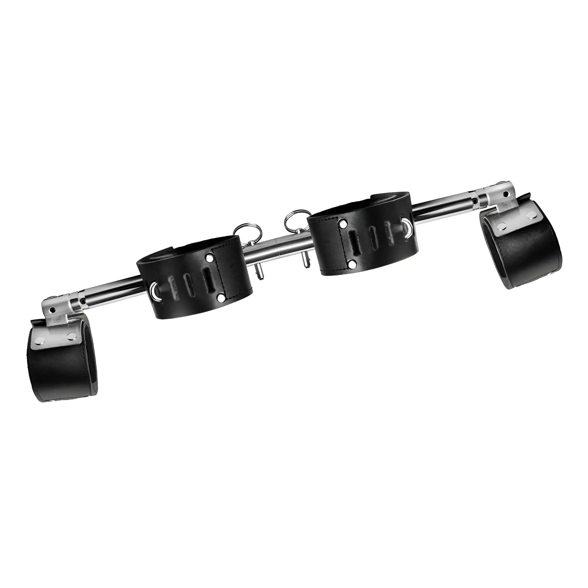 Strict Leather Swiveling Spreader Bar with black leather cuffs and chrome metal hardware on a white background.