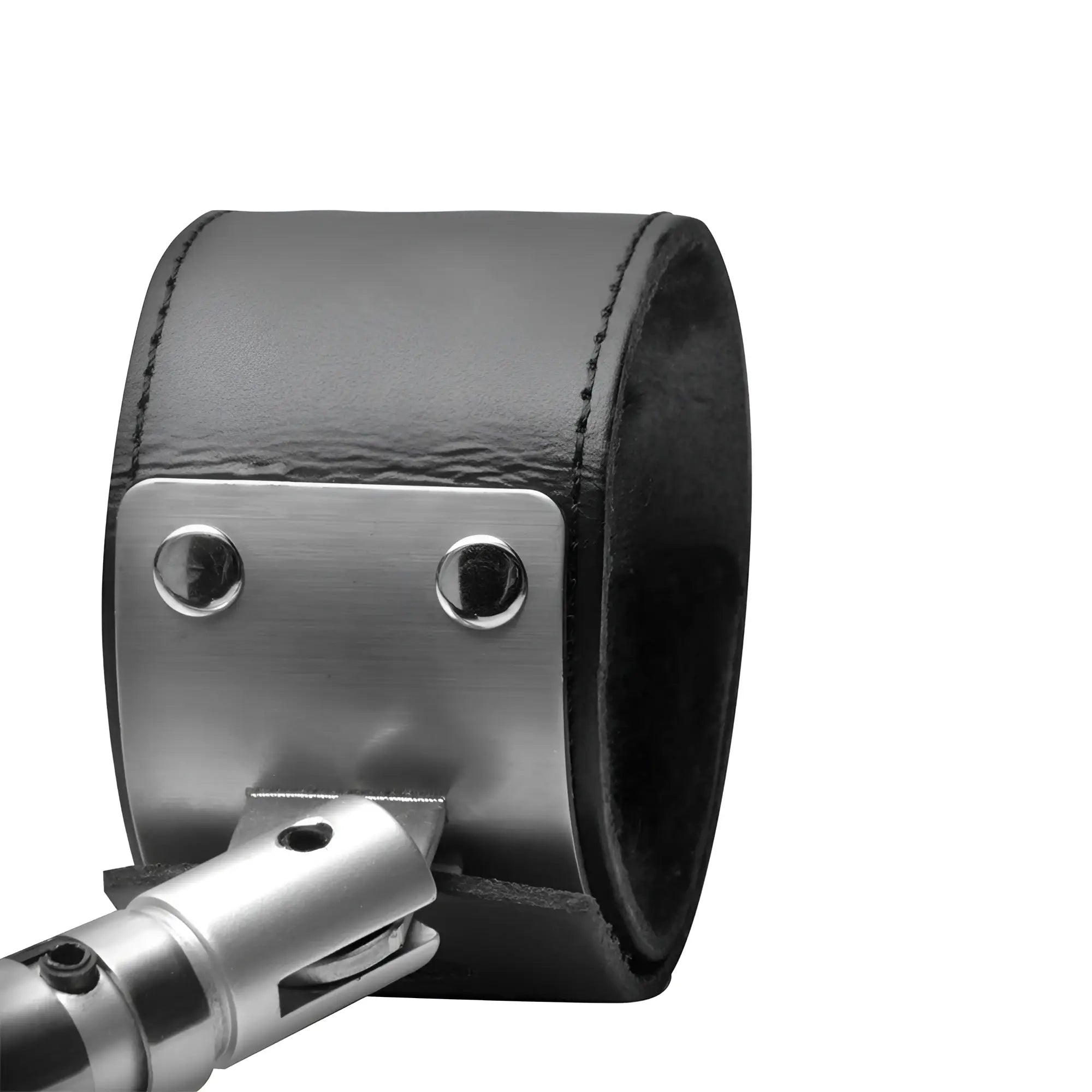 Strict Leather Swiveling Spreader Bar: Black leather cuff attached to a metallic swiveling joint and steel rod.