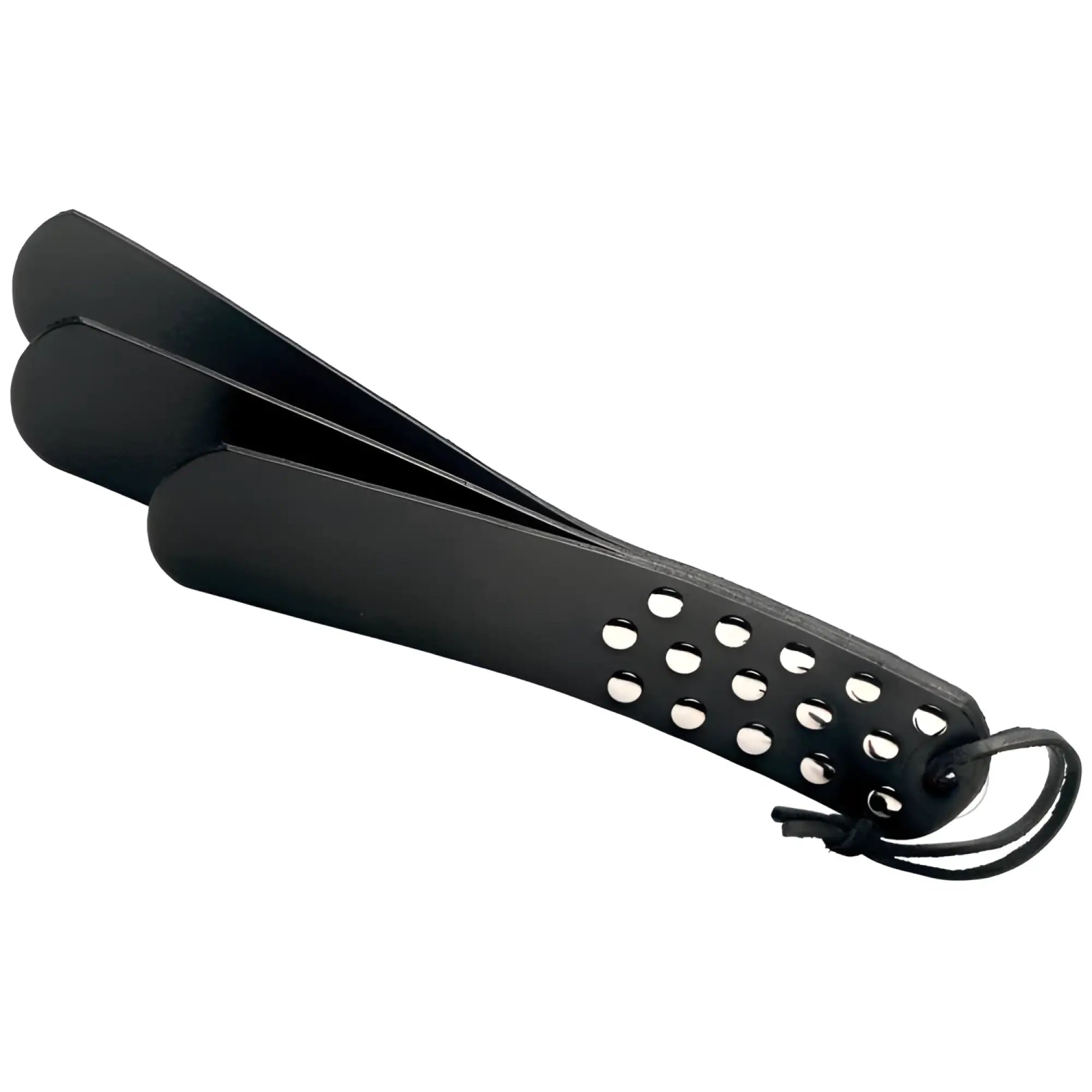Strict Leather Three Layer Slapper: a black, triple-layered leather paddle with a riveted handle and wrist strap.