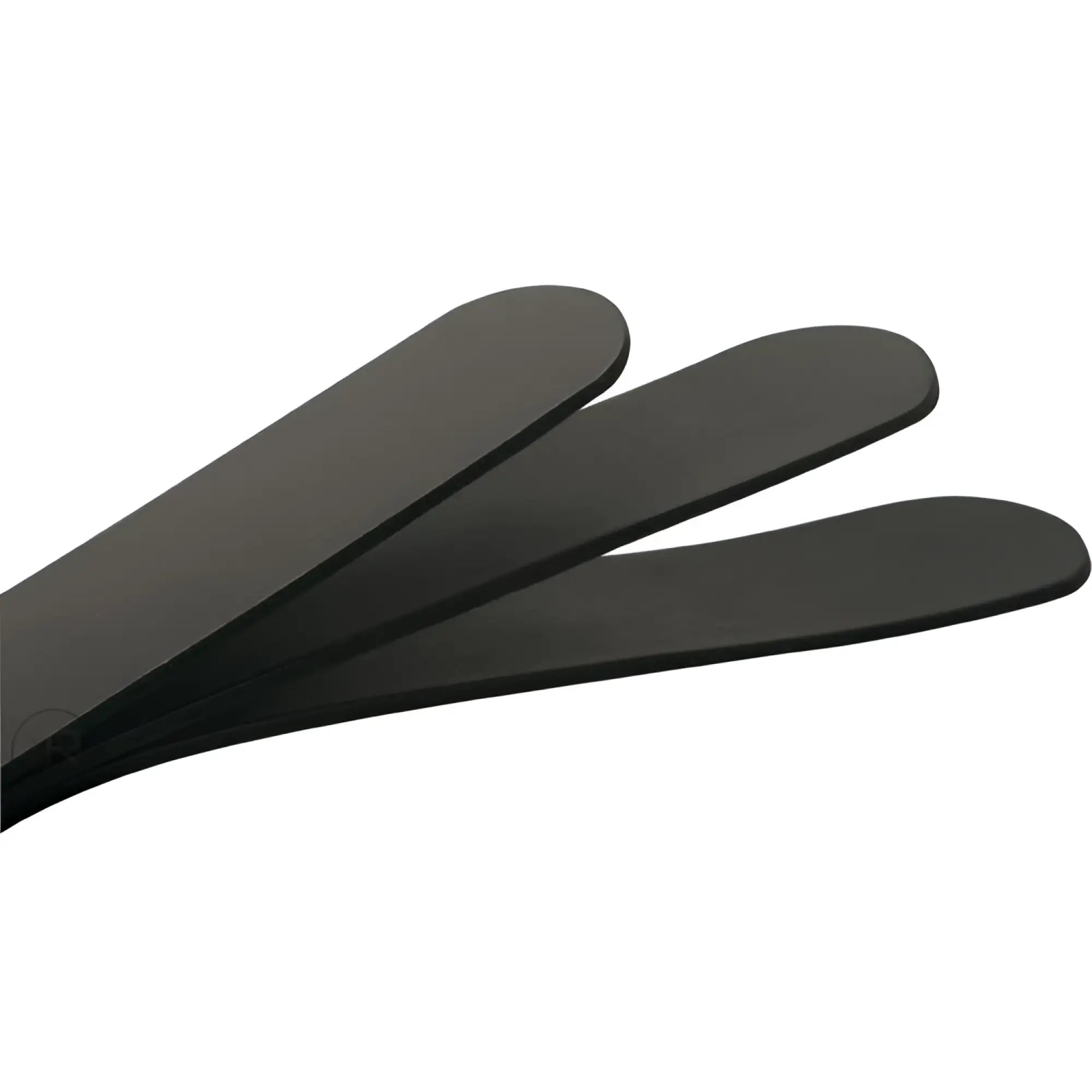 Strict Leather Three Layer Leather Slapper: A fan of three smooth, matte black leather paddle strips.