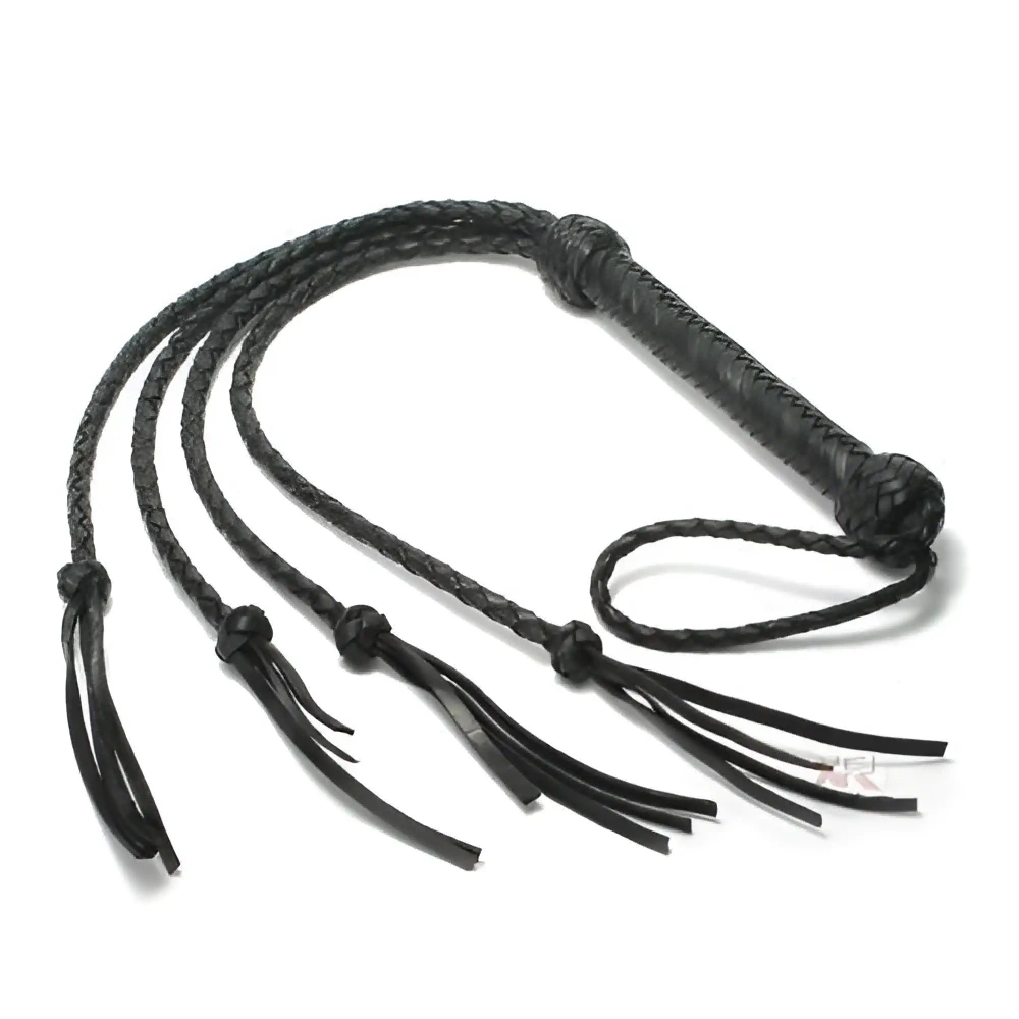 Strict Leather Tigress Whip: A black, braided leather multi-tail whip with a textured handle and knotted ends.