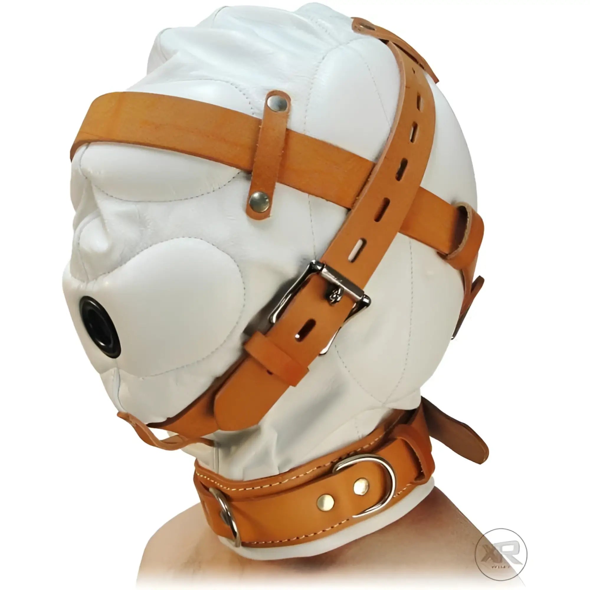 Strict Leather white leather sensory deprivation hood with tan straps, metal buckles, and a black mouth plug.
