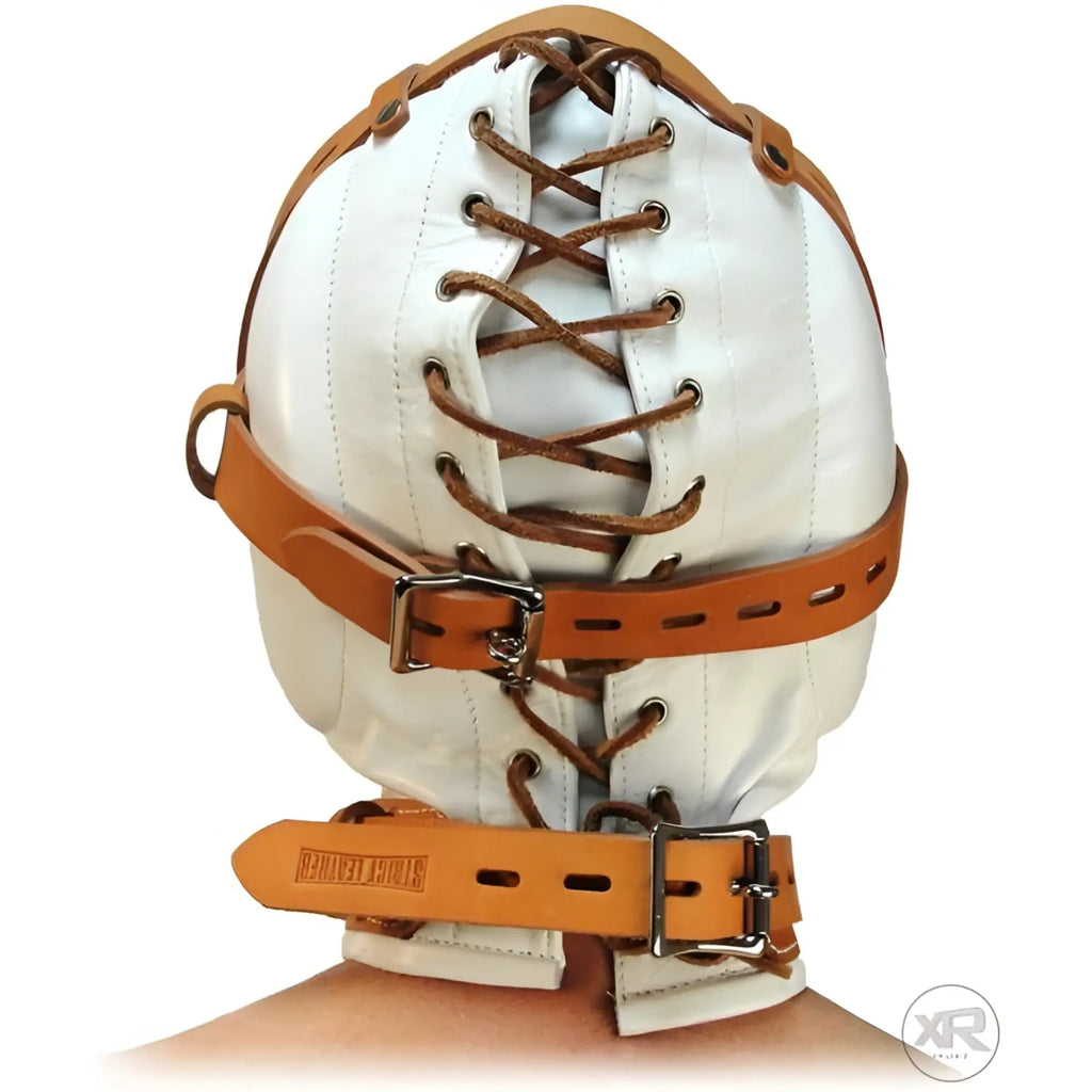 Strict Leather total sensory deprivation hood in white leather with tan lacing and buckled straps on a white background.
