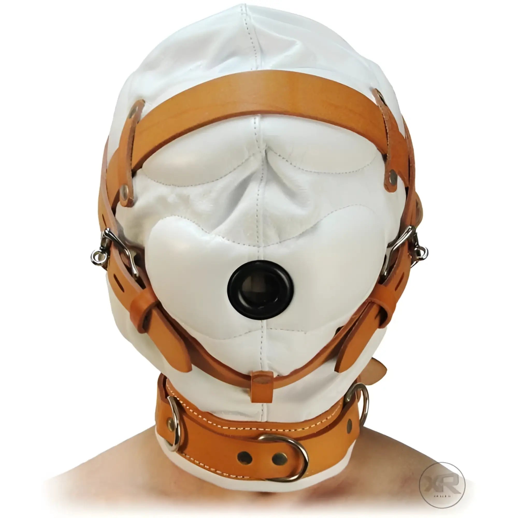 Strict Leather white sensory deprivation hood with tan leather straps, locking neck collar, and a center eyelet opening.