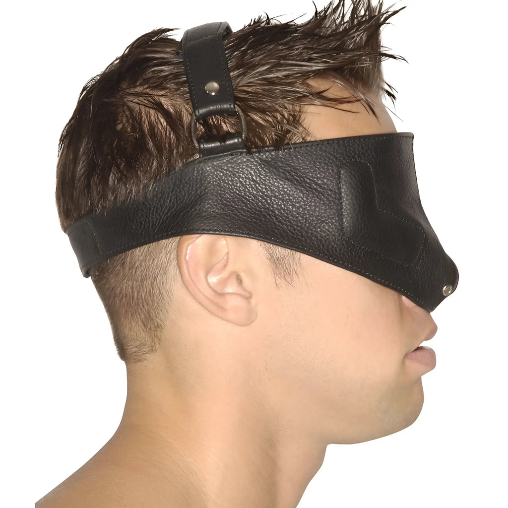 Strict Leather upper face mask in black leather, covering the eyes and bridge of the nose with an adjustable strap.