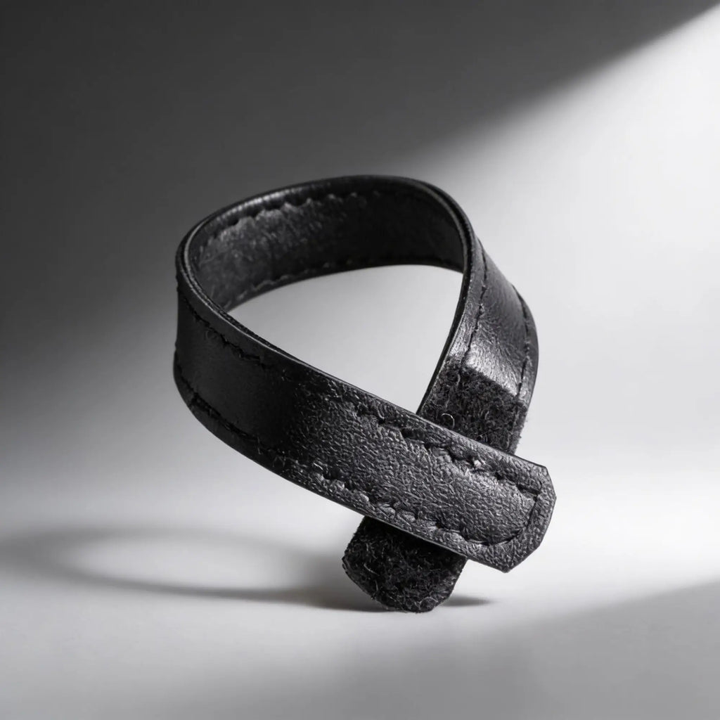 Black leather and velcro cock ring, with a textured finish and stitched detailing.