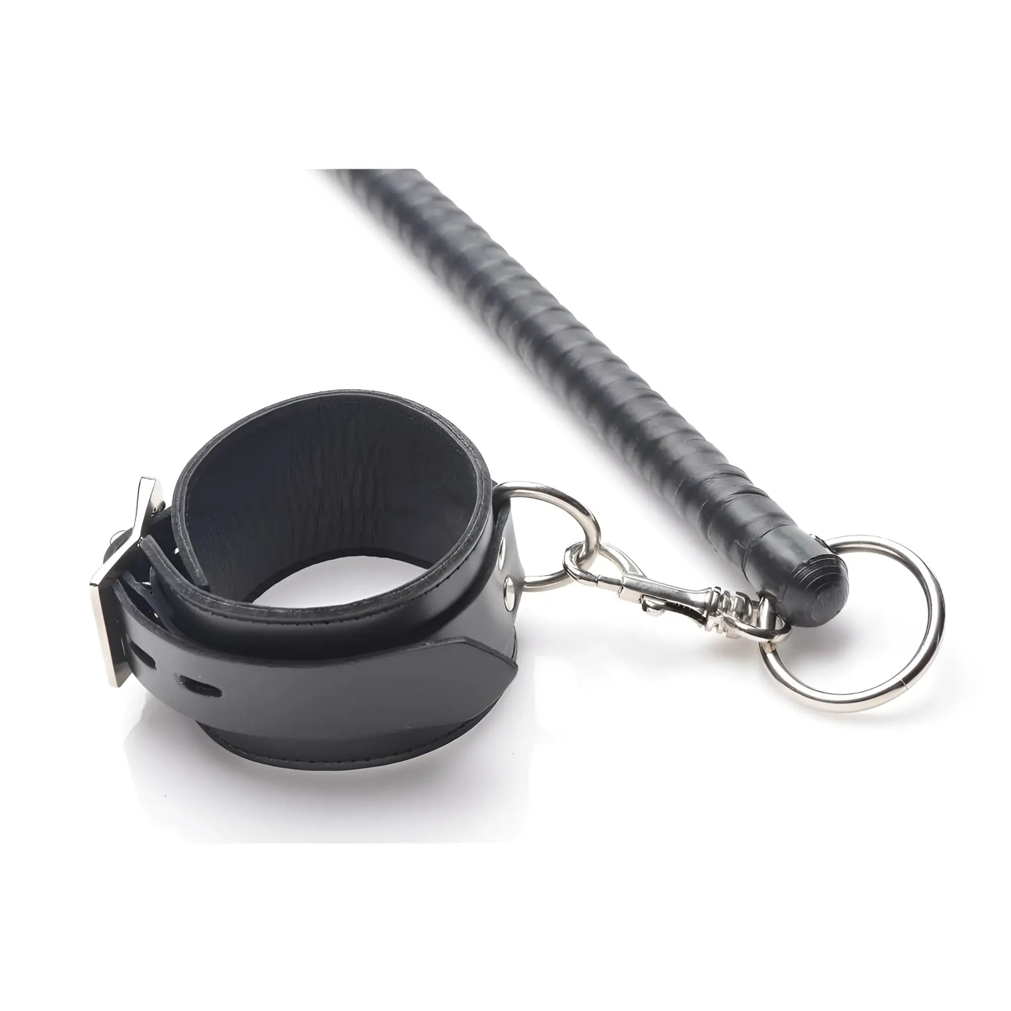 Strict Leather black leather-wrapped spreader bar attached to a matching leather ankle or wrist cuff with metal clips.