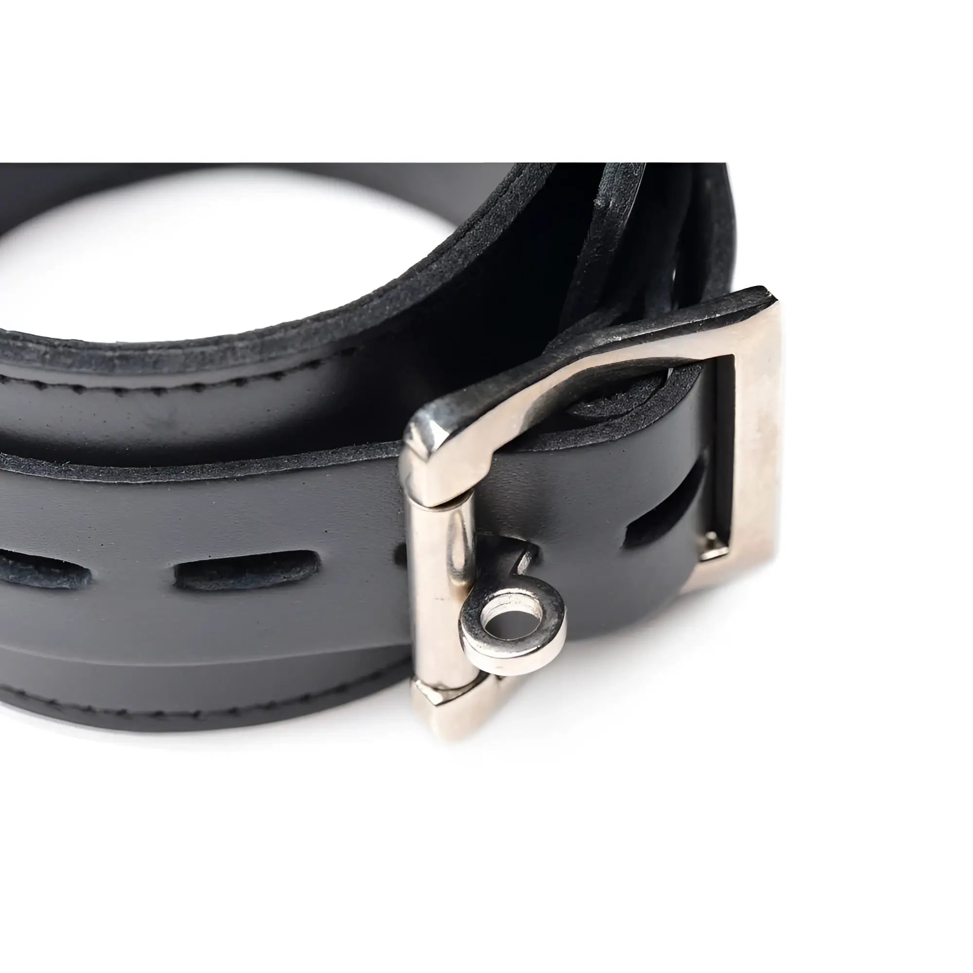 Strict Leather black leather cuff with a silver-tone metal buckle and attachment ring against a white background.