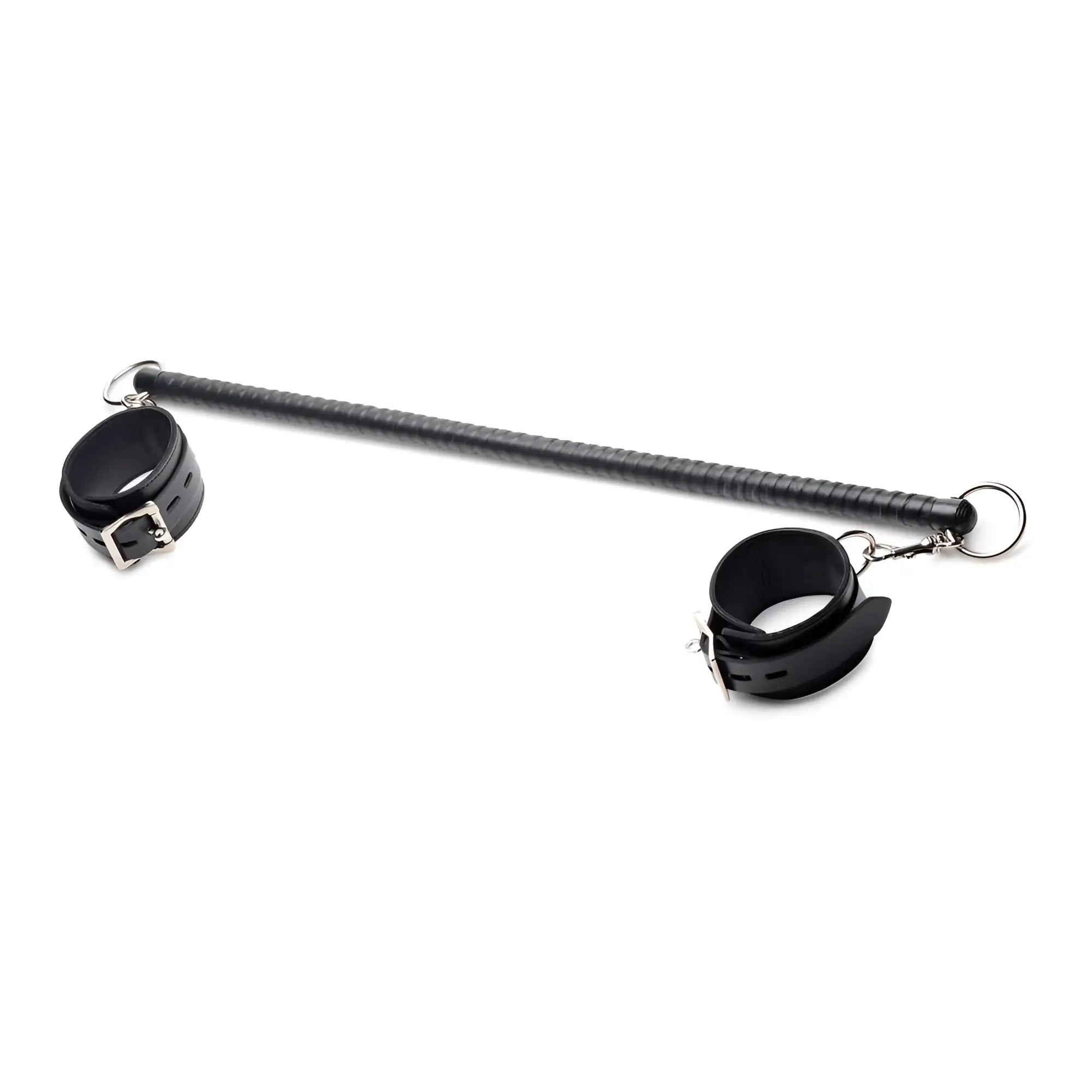 Strict Leather spreader bar: a long, black leather-wrapped rod with adjustable buckled cuffs at each end.