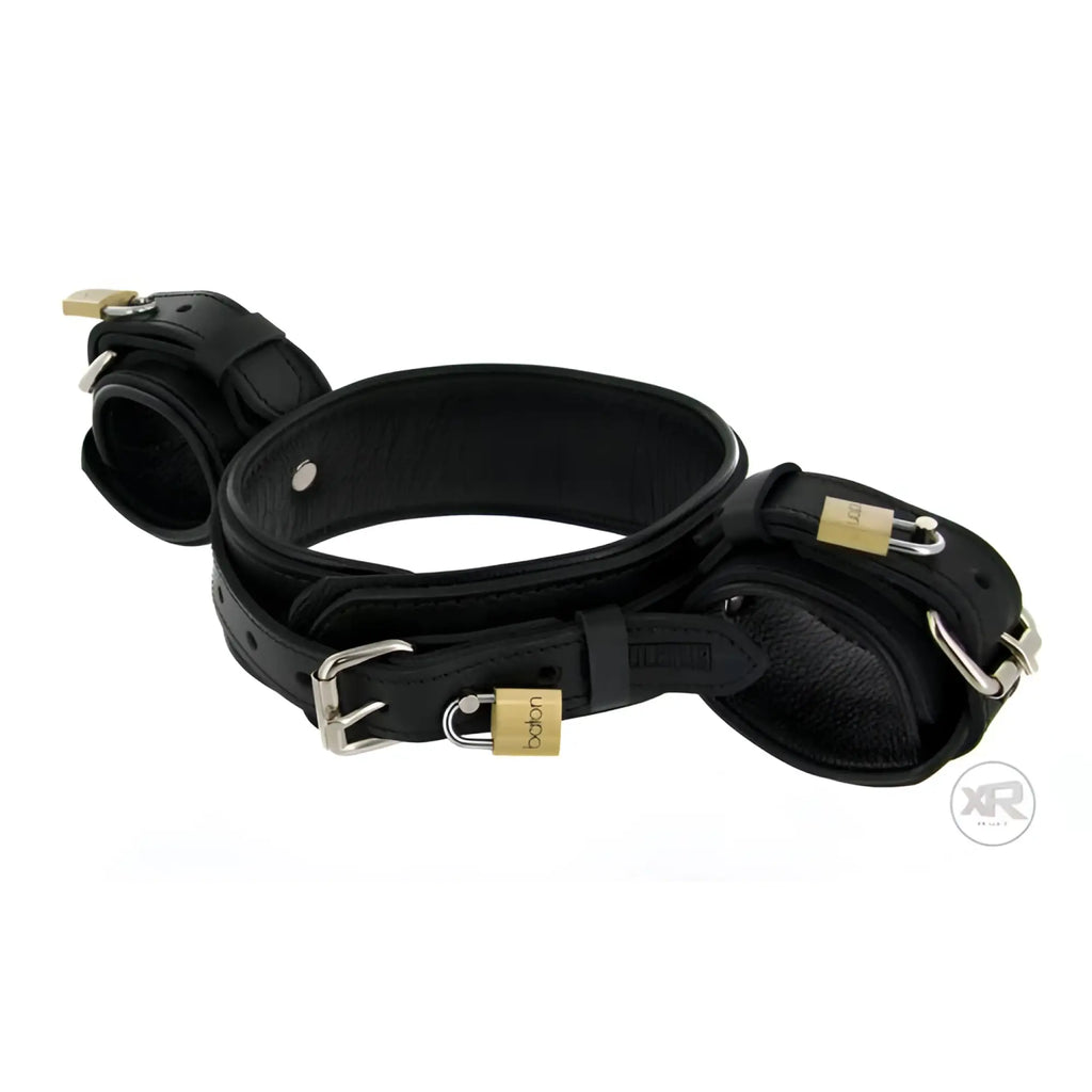 Strict Leather wrist-to-neck restraint made of black leather, featuring metal buckles and gold padlocks.