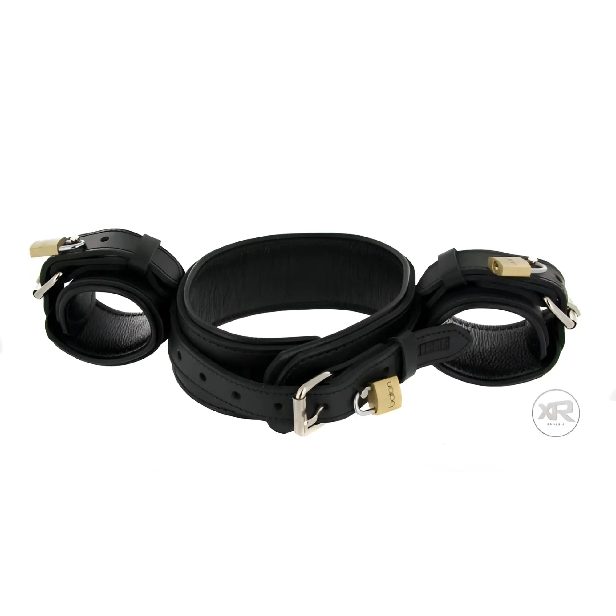 Strict Leather wrist-to-neck restraint featuring black leather cuffs connected to a central collar with small padlocks.