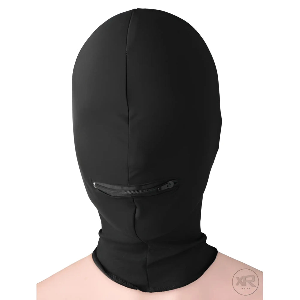 Strict Leather black fabric hood with a mouth zipper, covering the entire head with no eye openings.