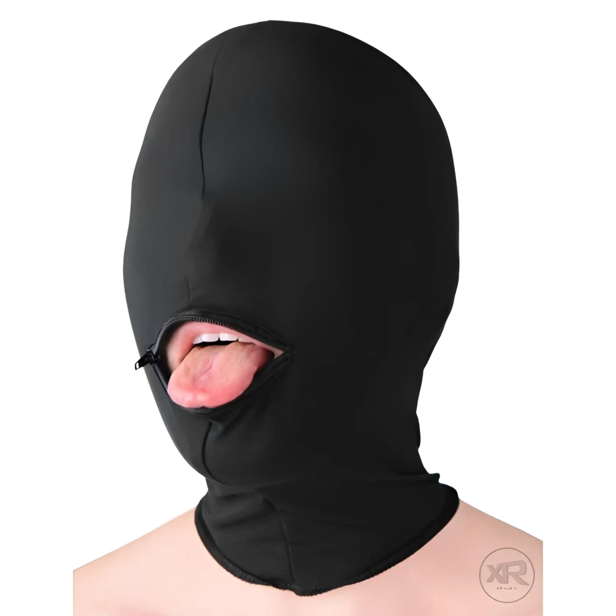 Strict Leather black zippered hood covering the entire head with no eye openings and a zipper mouth opening.