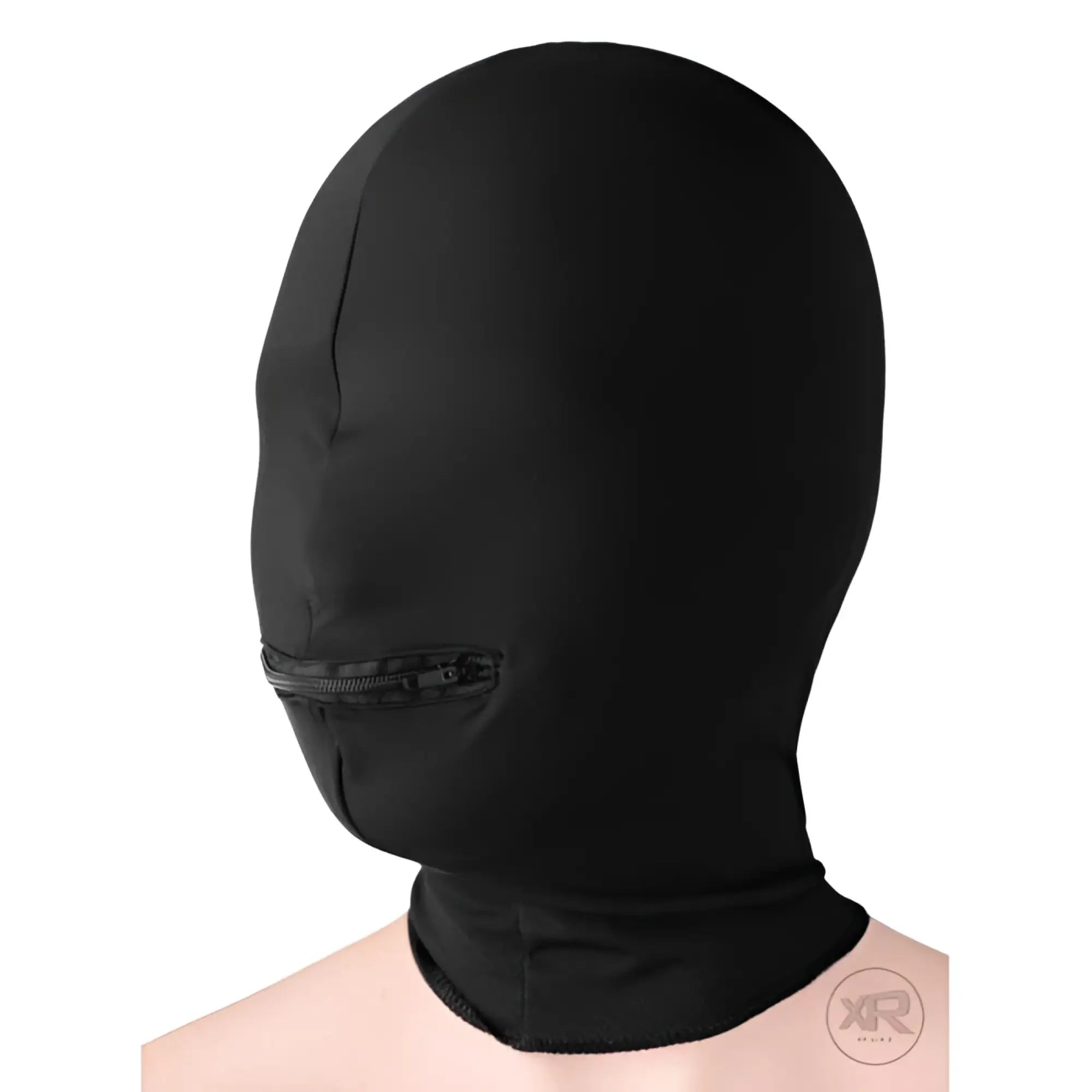 Strict Leather Zippered Hood without Eyes: A plain black, seamless head covering featuring only a zippered mouth opening.