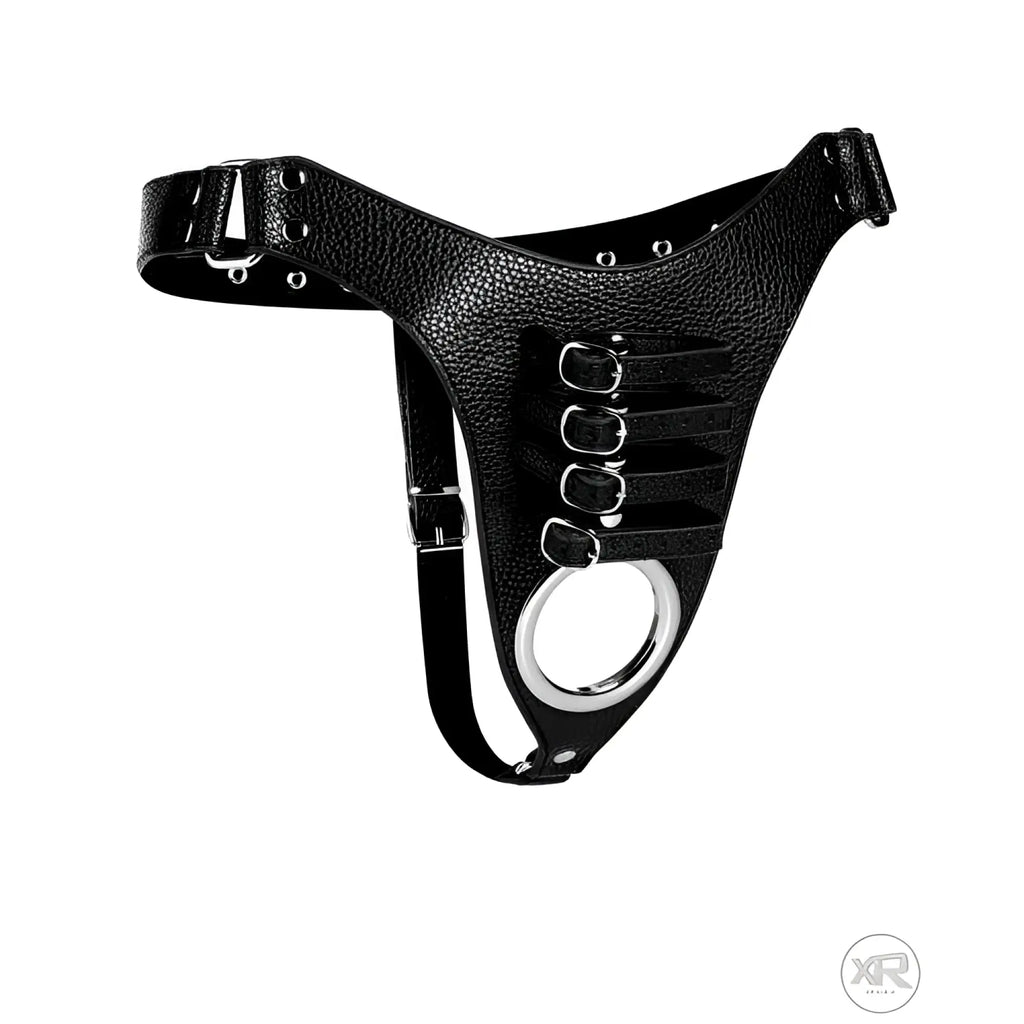 Black leather male chastity harness with metal ring and adjustable straps.