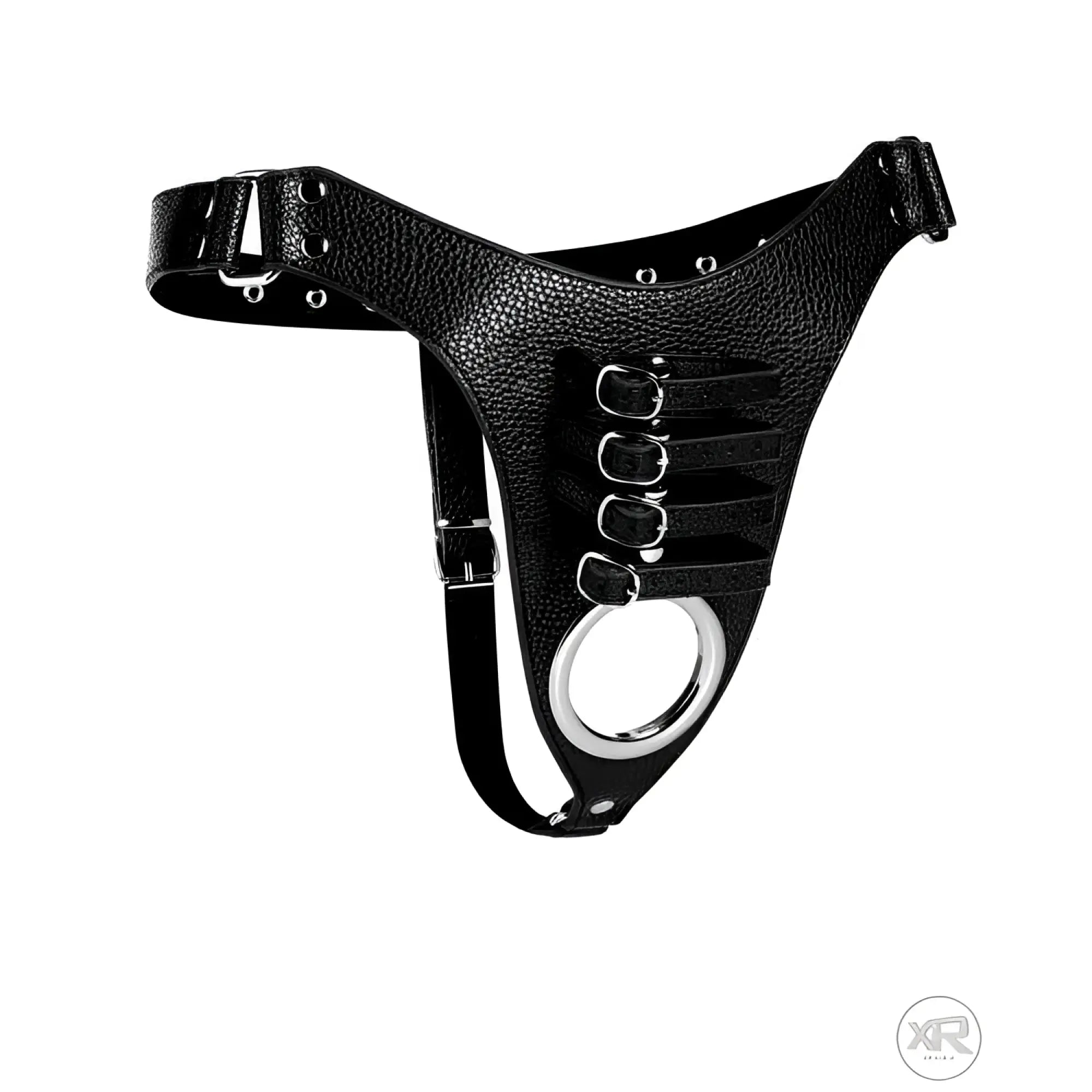 Black leather male chastity harness with metal ring and adjustable straps.