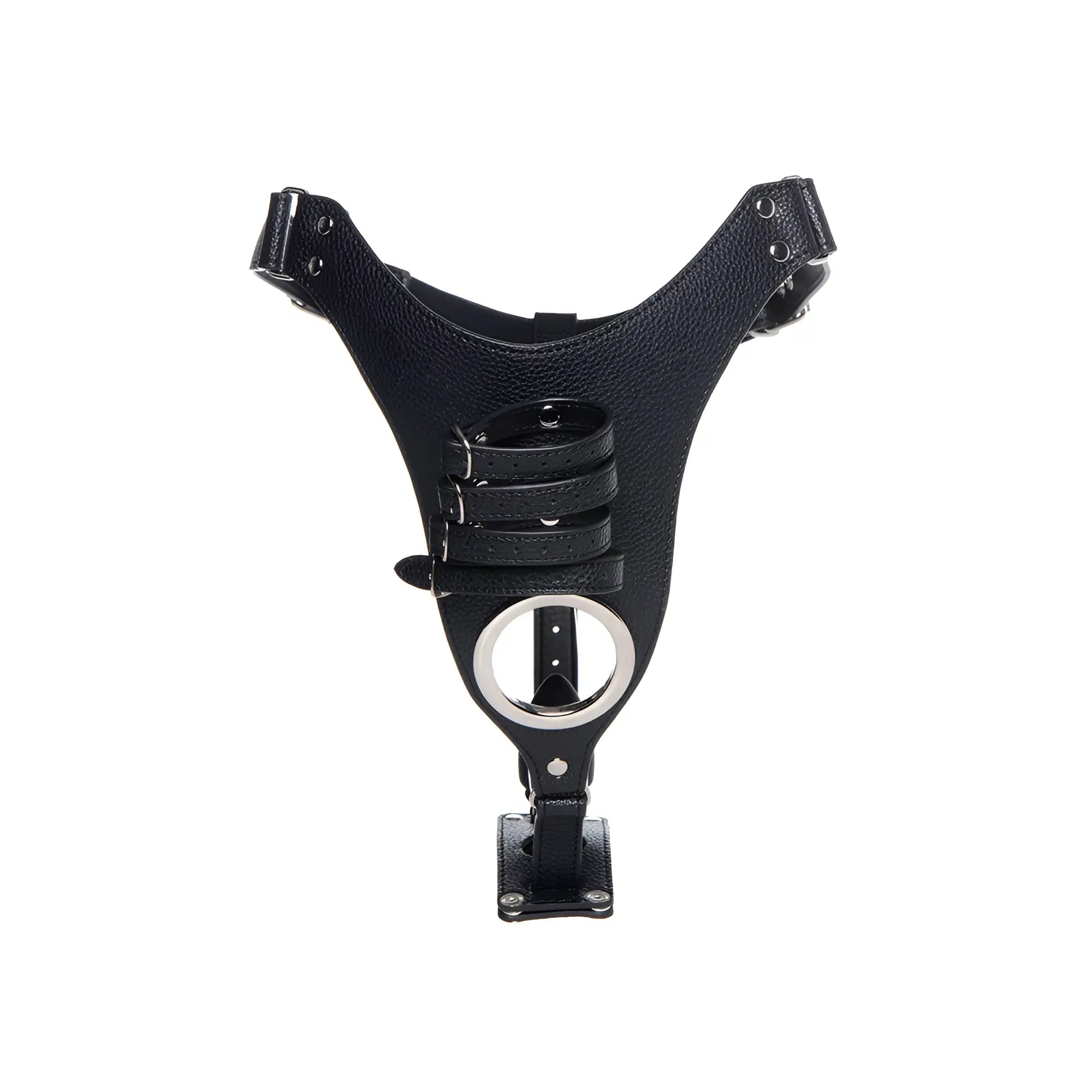 Black leather male chastity harness with adjustable straps, metal ring, and a silicone anal plug attachment.