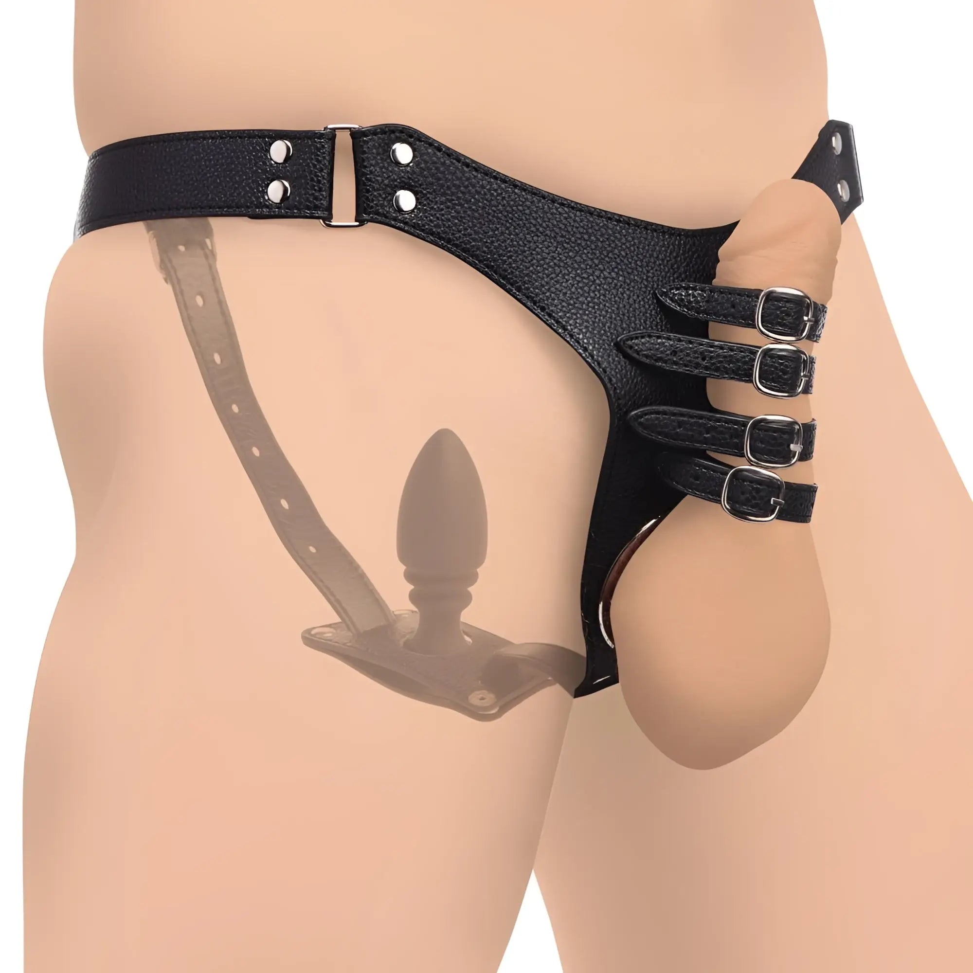 Black leather male chastity harness with four adjustable buckles and a semi-transparent silicone anal plug.