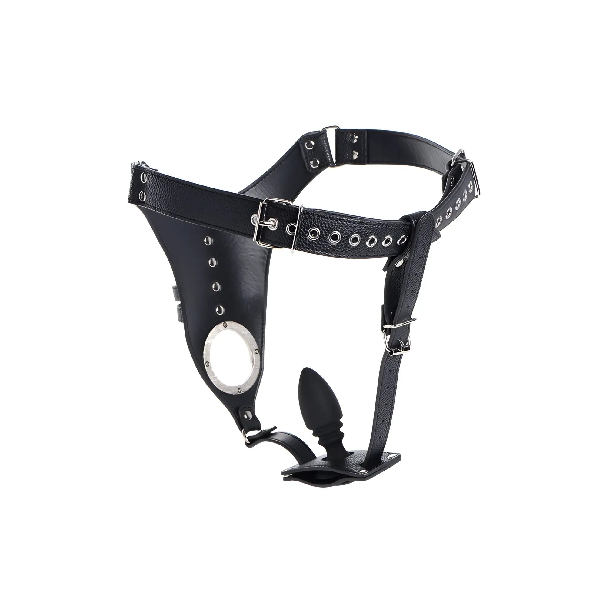 Black leather strict male chastity harness with silver hardware and an attached black silicone anal plug.