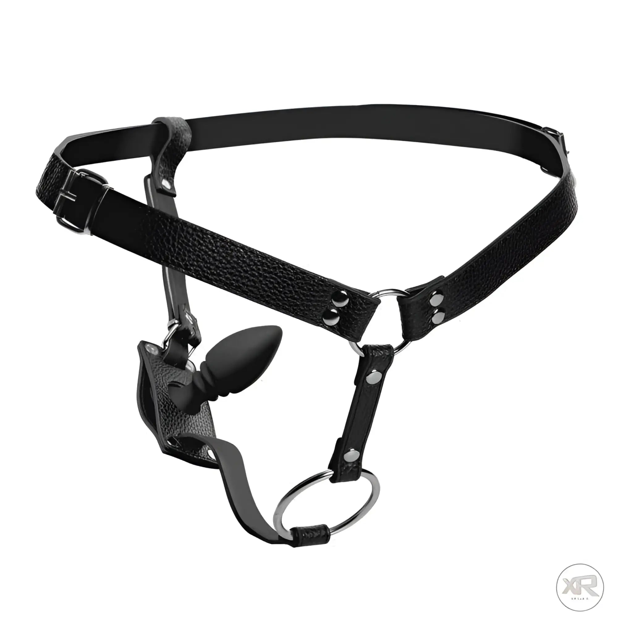 Strict Male Cock Ring Harness featuring a black textured faux leather design with a silicone anal plug and metal rings.