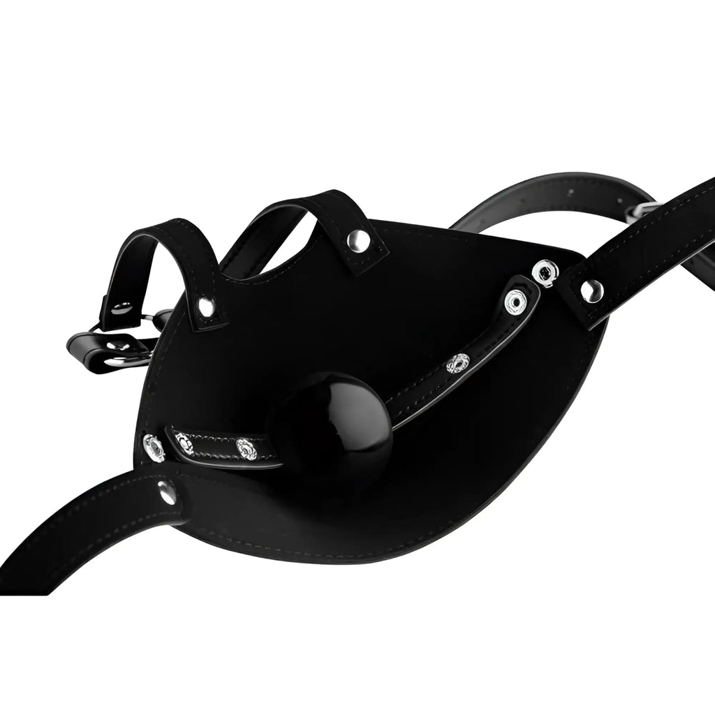 Strict Muzzle Harness with a black glossy ball gag, featuring black leather straps and silver-tone hardware.
