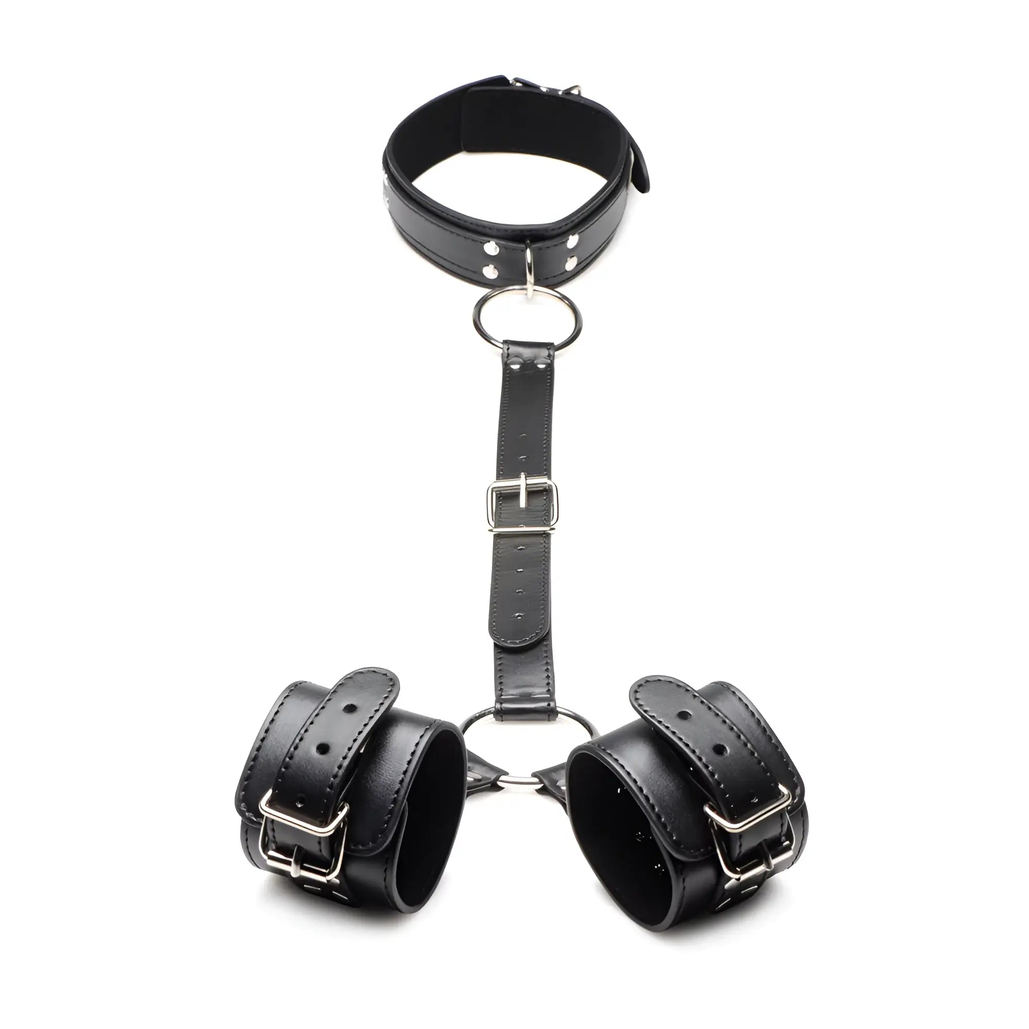 Strict Neck to Wrist Restraints: black faux leather collar and wrist cuffs connected by an adjustable buckled strap.