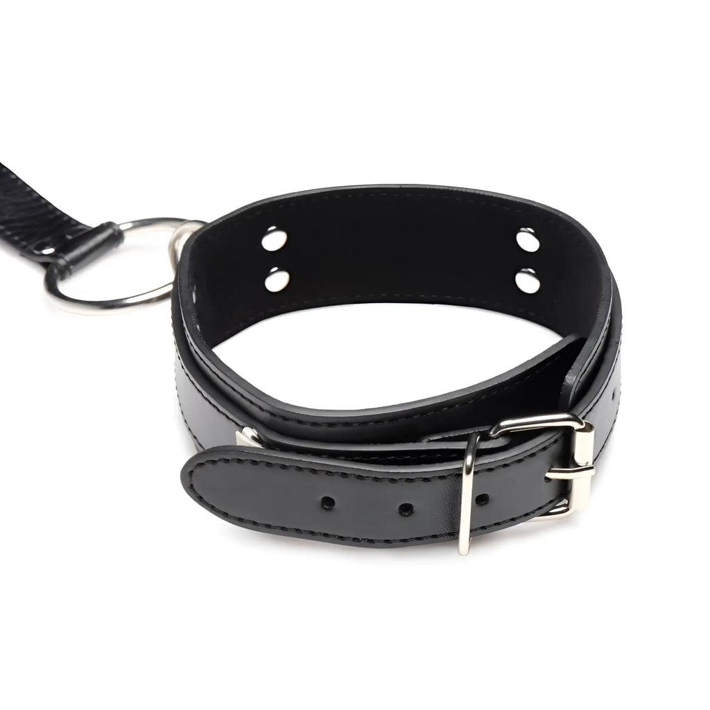Strict Neck to Wrist Restraints: A black leather collar with a metal buckle, eyelets, and a large attachment ring.