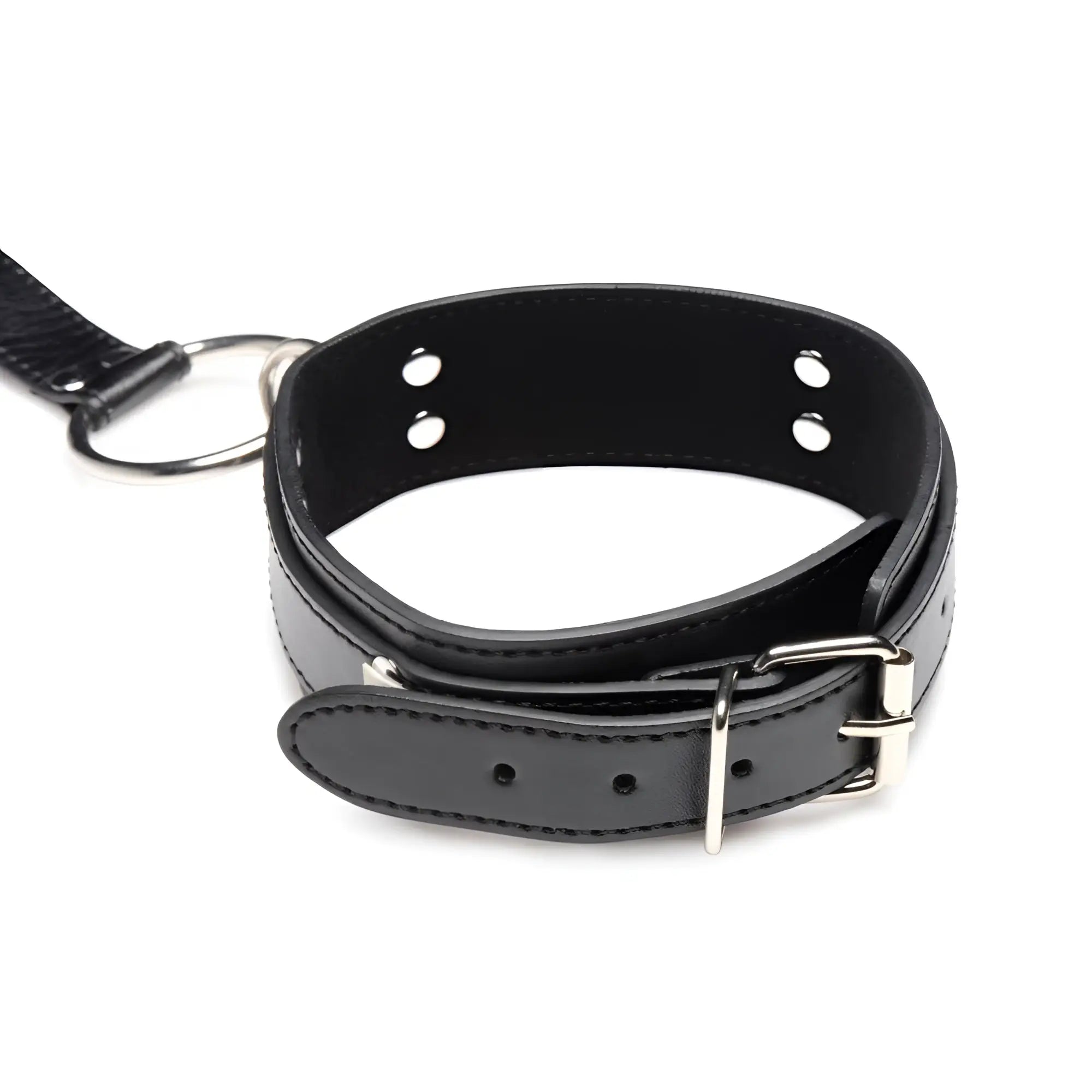 Strict Neck to Wrist Restraints: A black leather collar with a metal buckle, eyelets, and a large attachment ring.