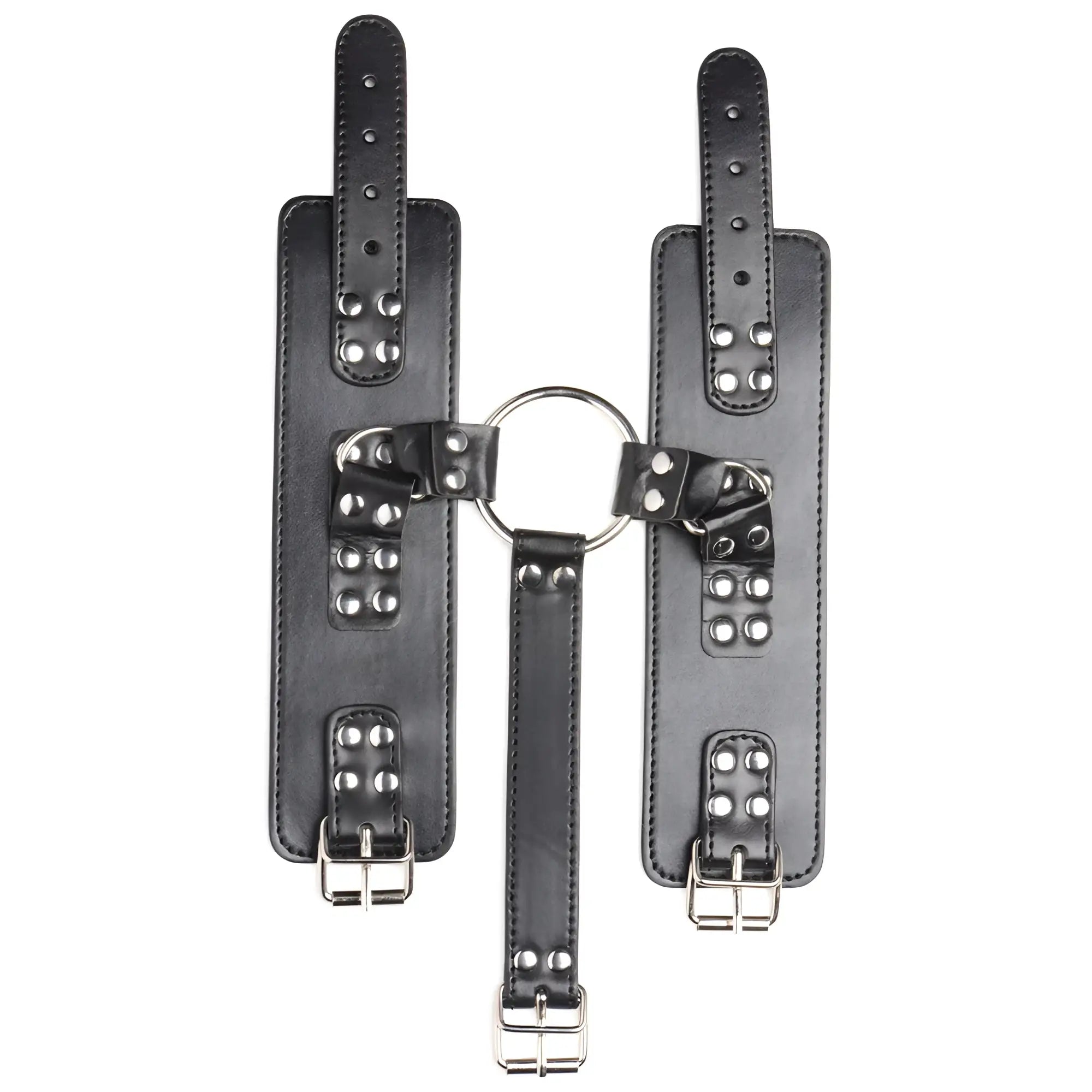 Strict Neck to Wrist Restraints: Black leather cuffs and strap connected by a central silver metal ring with buckles.