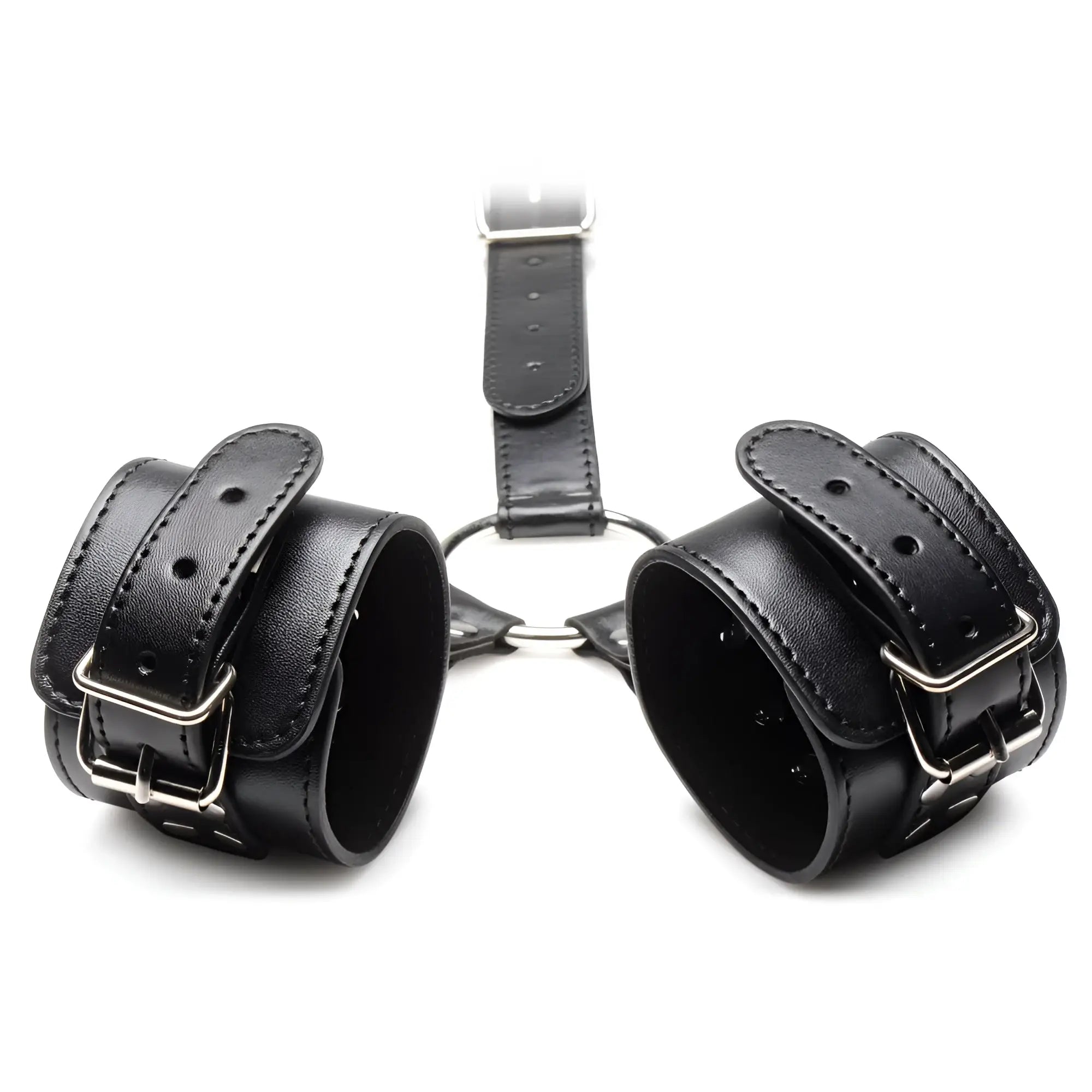 Strict Neck to Wrist Restraints: black faux leather cuffs with silver buckles connected by a central ring assembly.