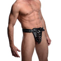 Strict Netted Male Chastity Jock: A black faux-leather caged jockstrap with metal studs and a padlock closure.