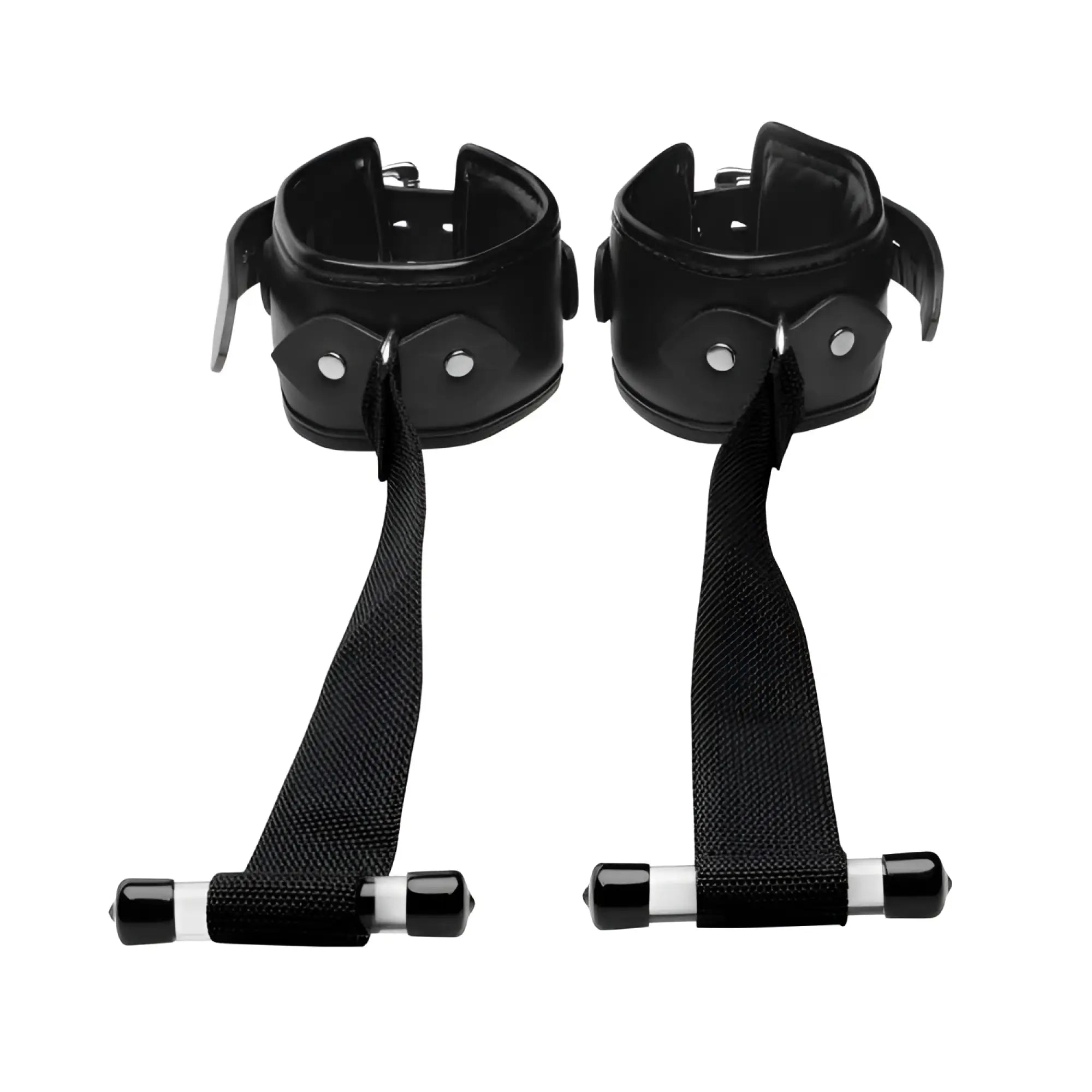 Strict Over the Door Restraint: A pair of black padded cuffs with nylon straps and T-shaped door anchors.