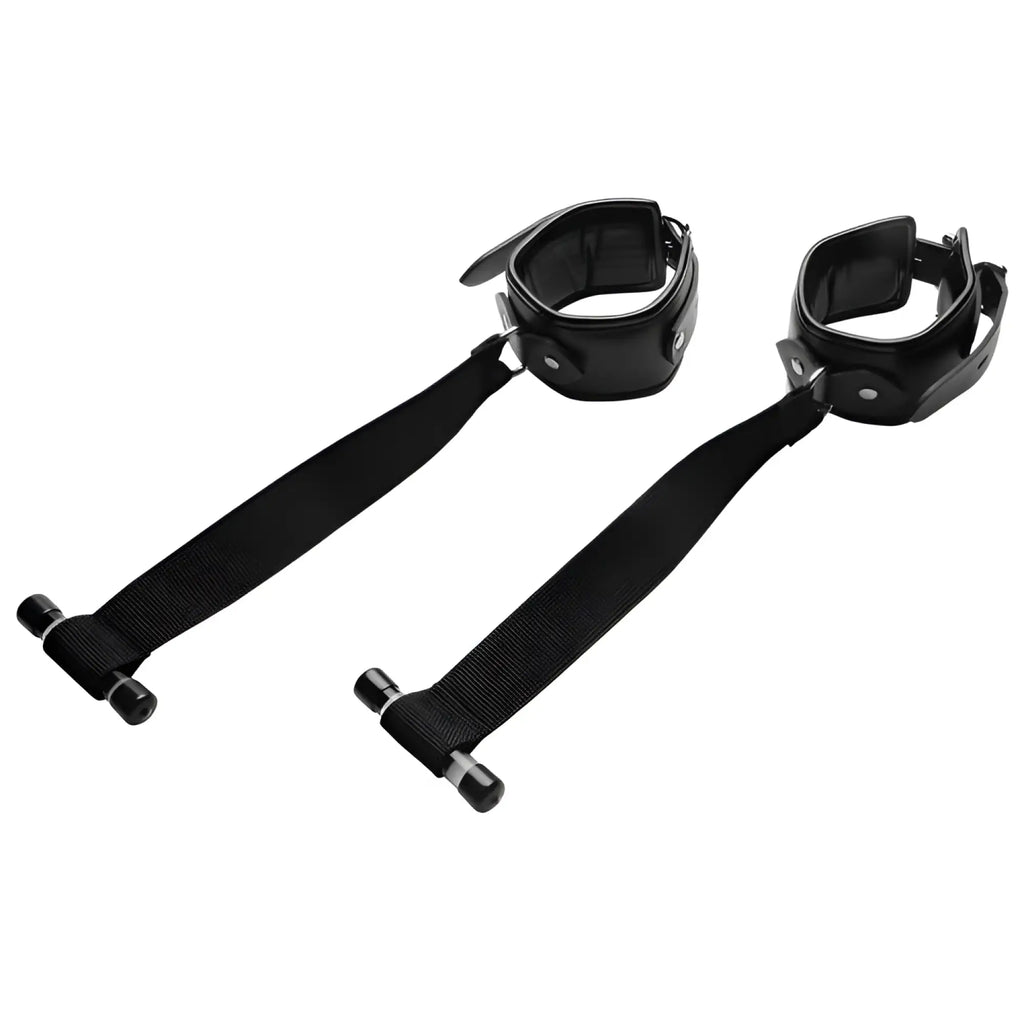 Strict Over the Door Restraint: A pair of black padded leather wrist cuffs on adjustable straps with door anchors.