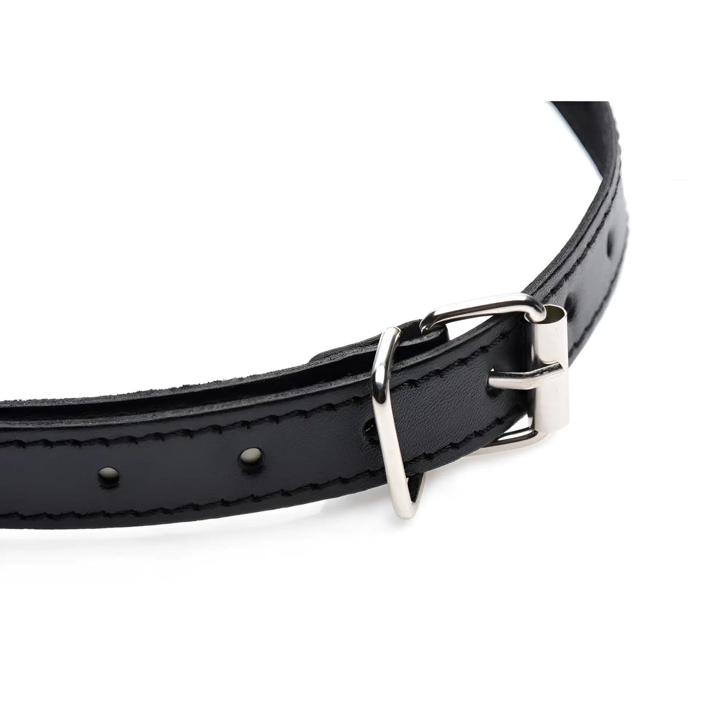 Strict Padded Blindfold and Gag Set: A black leather adjustable strap with a silver metal buckle.